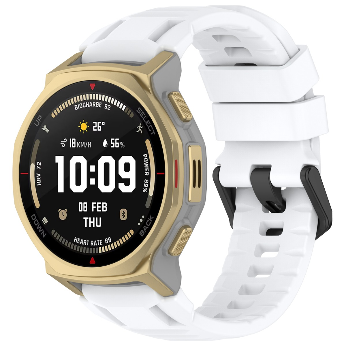 Uno smartwatch dorato con cinturino bianco mostra le 10:09, data, temperatura e battito cardiaco.