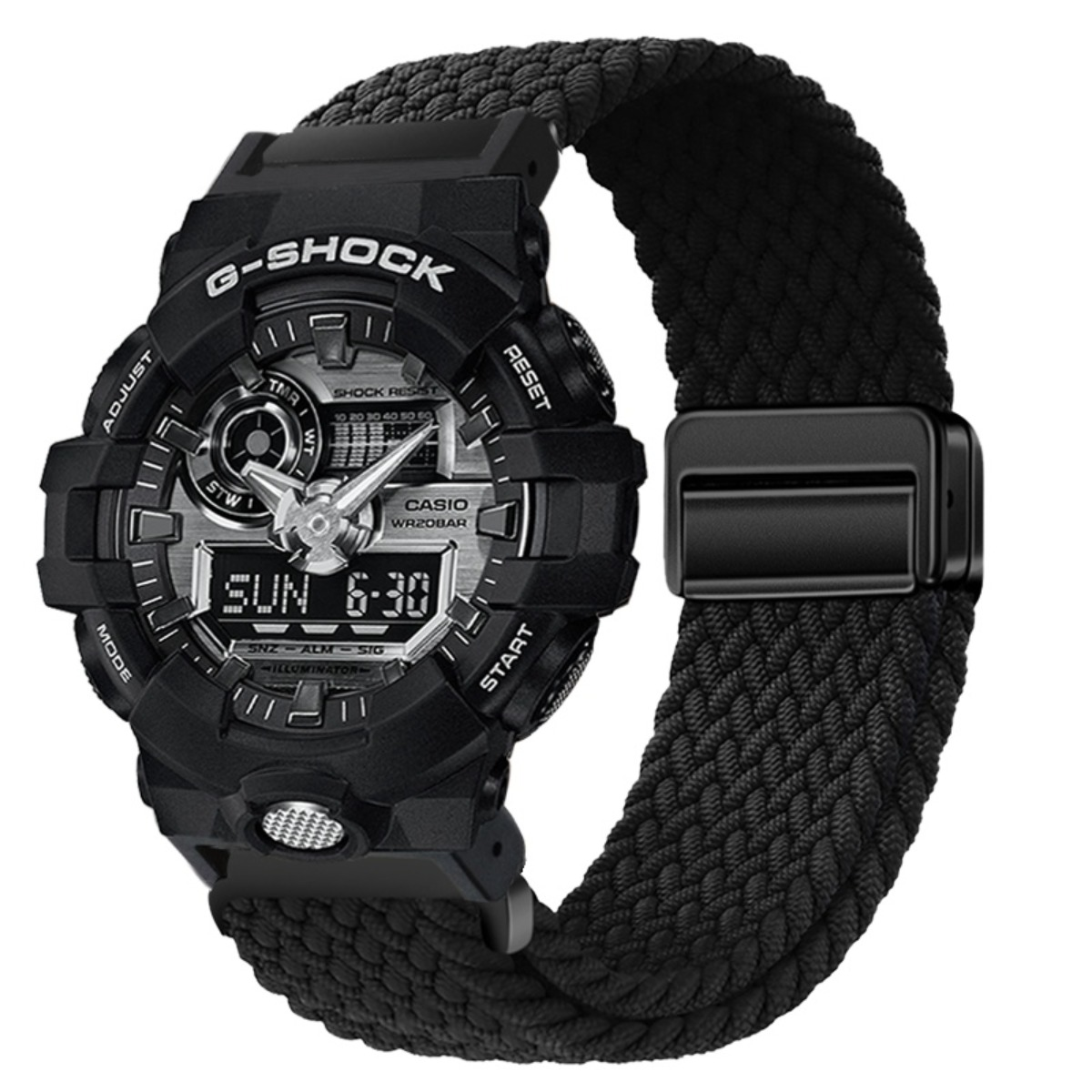 Schwarze G-Shock Uhr mit digitalem Display und analoger Zeitanzeige.