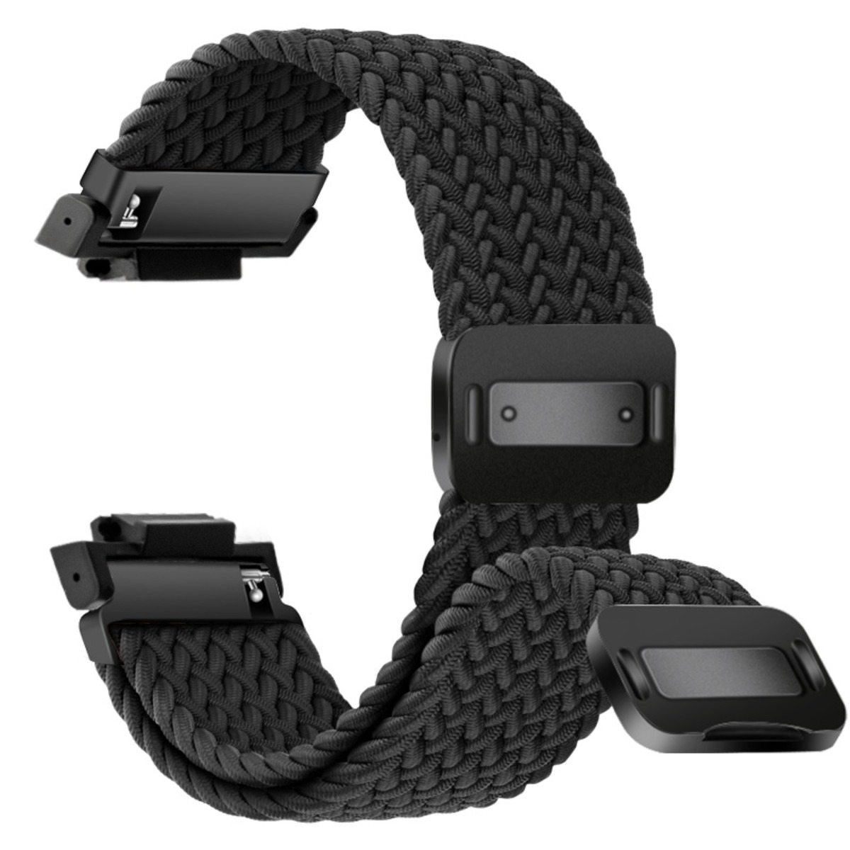 Schwarzes, geflochtenes Uhrenarmband mit schwarzen Schnallen und Verbindungsstücken.