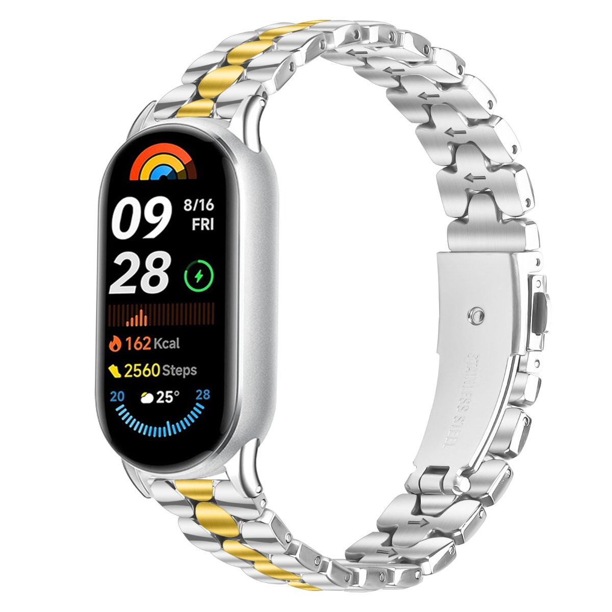 Ein silbernes und goldenes Smartwatch-Armband mit einem silbernen Gehäuse und Display.