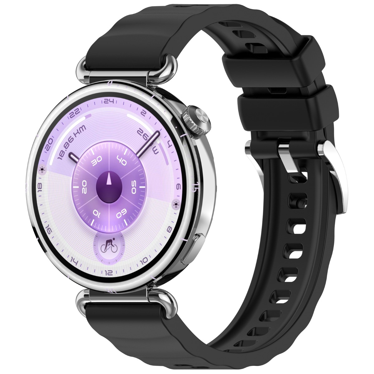 Eine silberne Smartwatch mit schwarzem Armband und lila Zifferblatt.