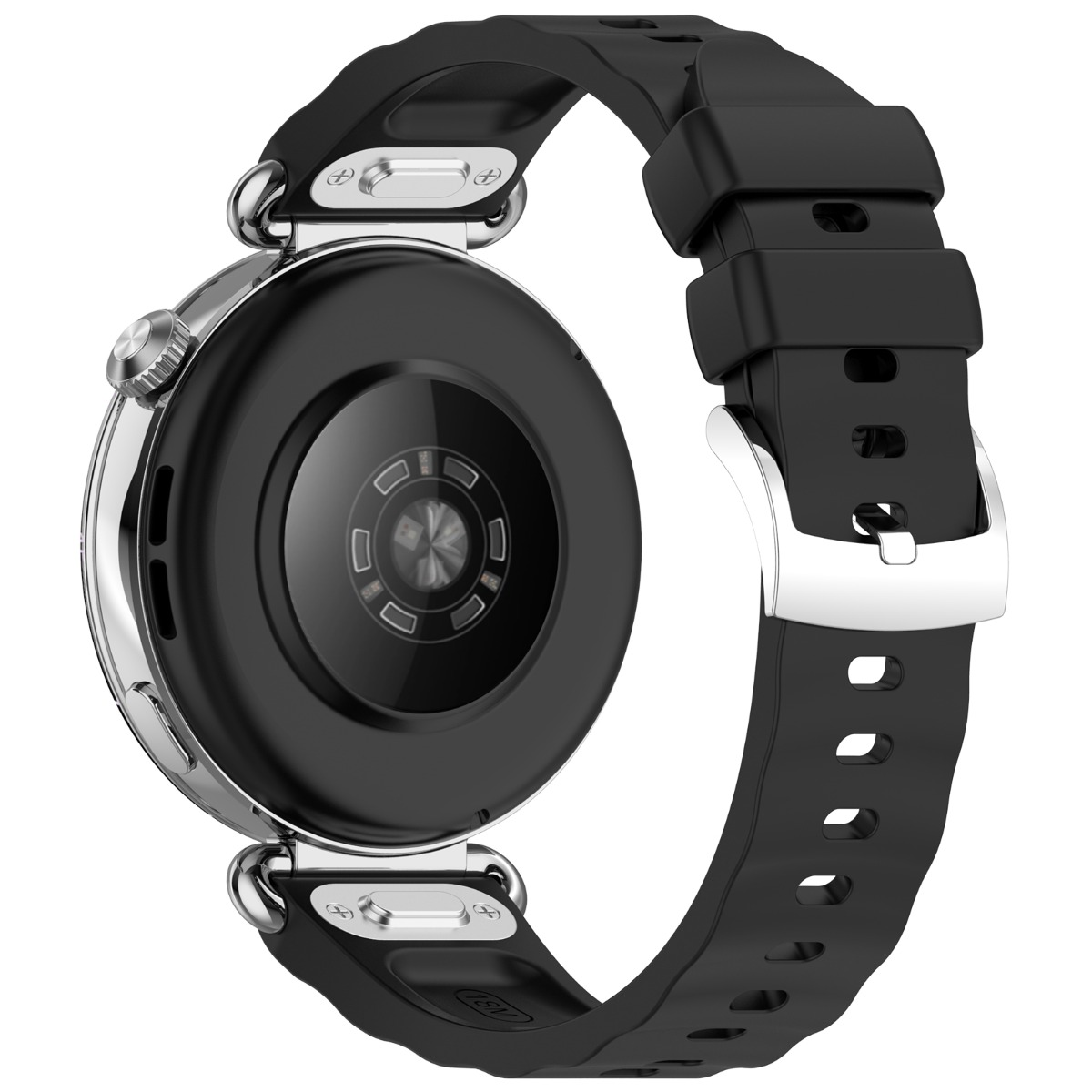 Eine schwarze Smartwatch mit silberner Krone und Knöpfen auf weißem Grund.