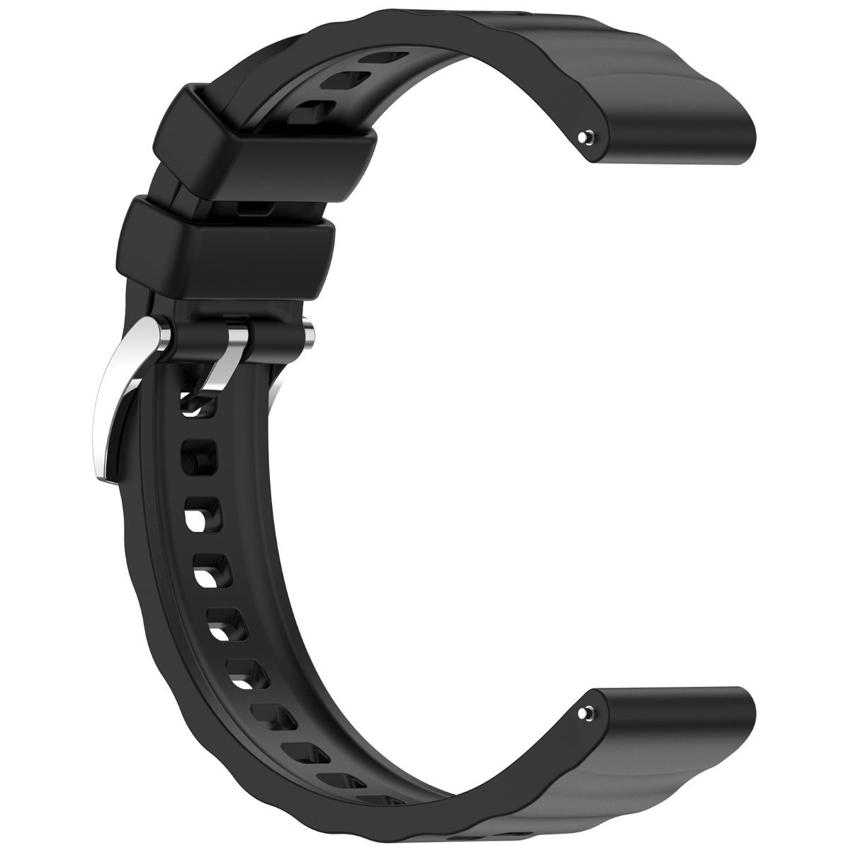 Schwarzes Uhrenarmband aus Gummi mit Metallschnalle und verstellbaren Löchern.