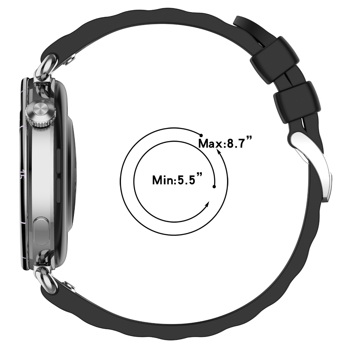 Eine schwarze Smartwatch mit einem silbernen Gehäuse und einem Armband. Maße: 5,5-8,7 Zoll.