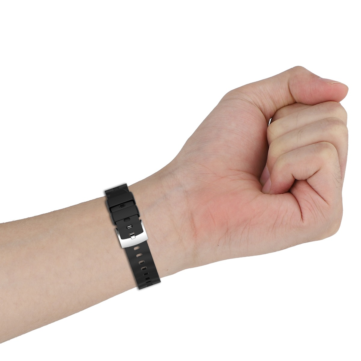 Schwarzes Armband mit Metallschnalle an einem Handgelenk.