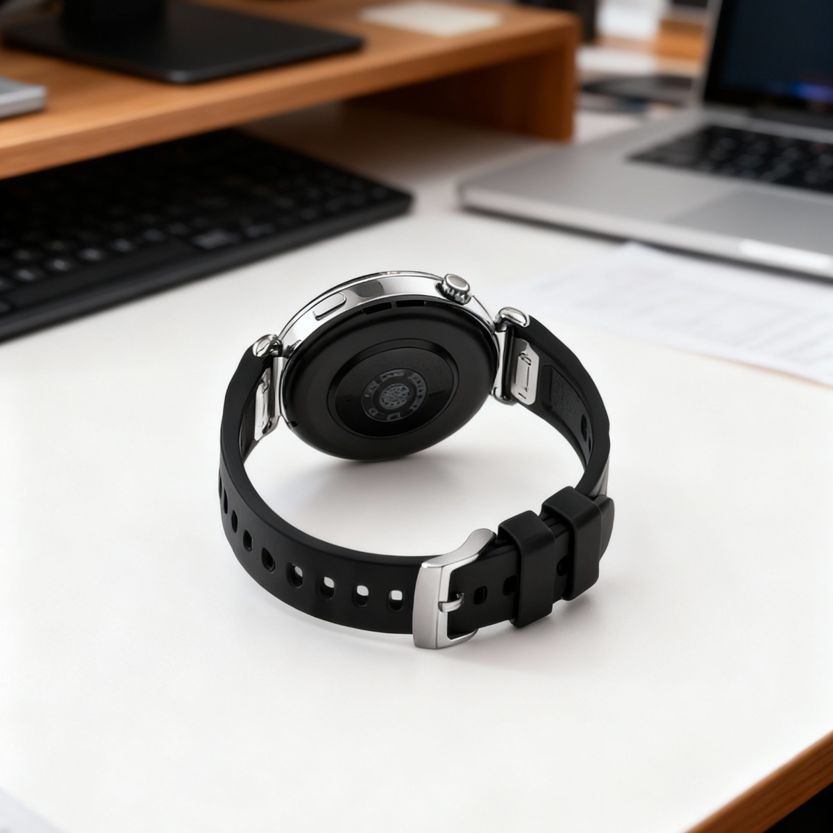 Eine schwarze Smartwatch mit silbernem Zifferblatt liegt auf einem weißen Schreibtisch.