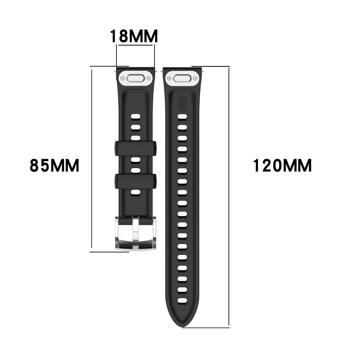Zwei schwarze Uhrenarmbänder mit Größenangaben: 18mm, 85mm und 120mm.