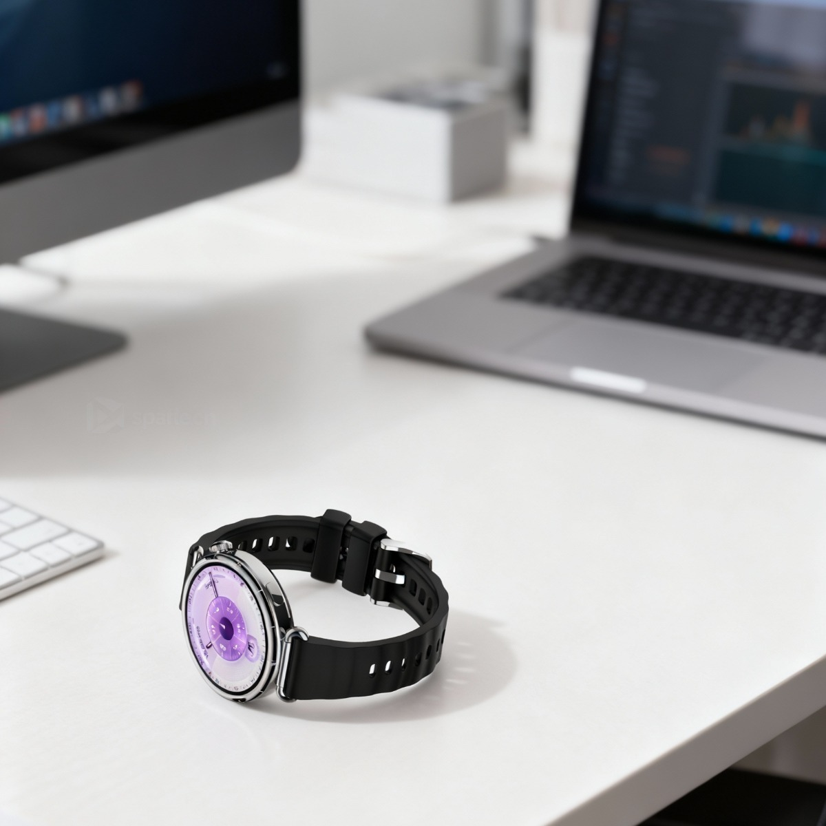 Eine Smartwatch mit lila Zifferblatt und schwarzem Armband liegt auf einem Schreibtisch.