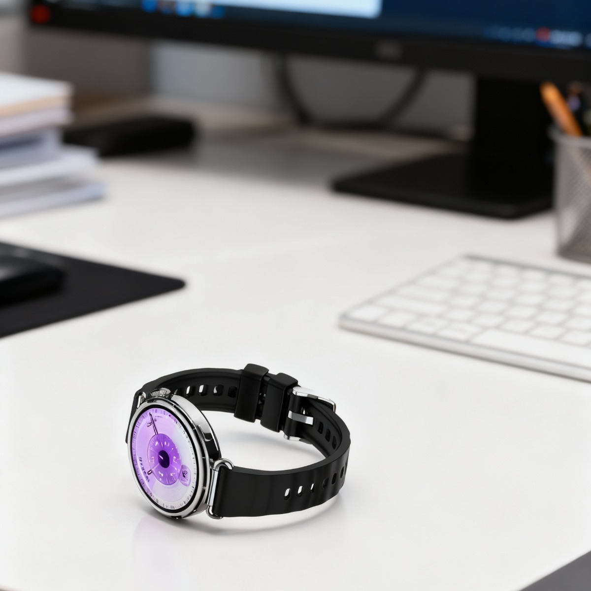 Eine Smartwatch mit lila Zifferblatt liegt auf einem Schreibtisch.
