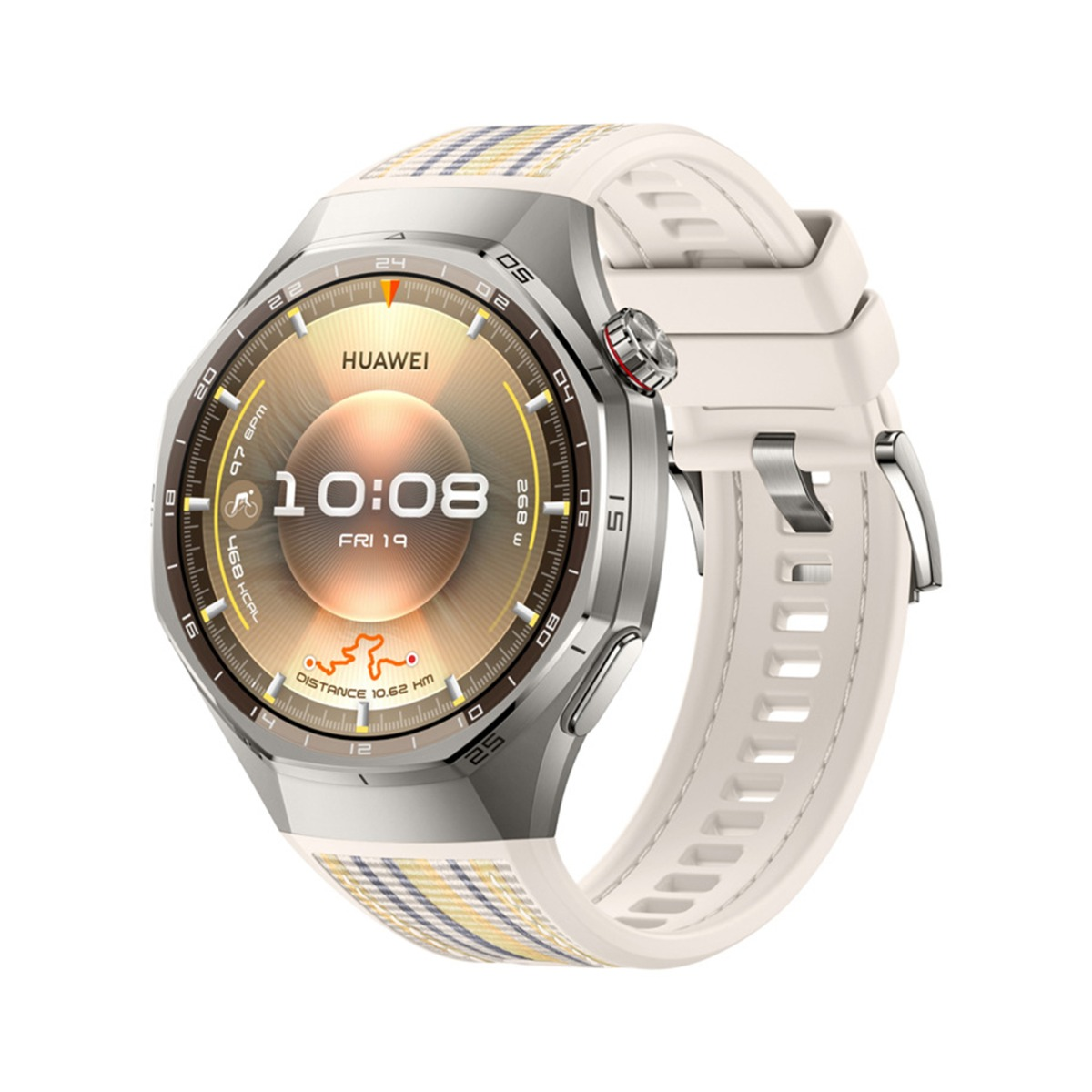 Eine silberne Smartwatch mit weißem Armband und kariertem Muster. Die Uhrzeit ist 10:08.