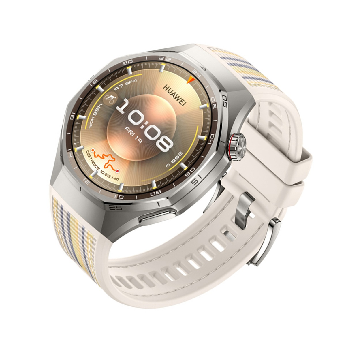 Eine silberne Smartwatch mit weißem Armband und kariertem Muster.