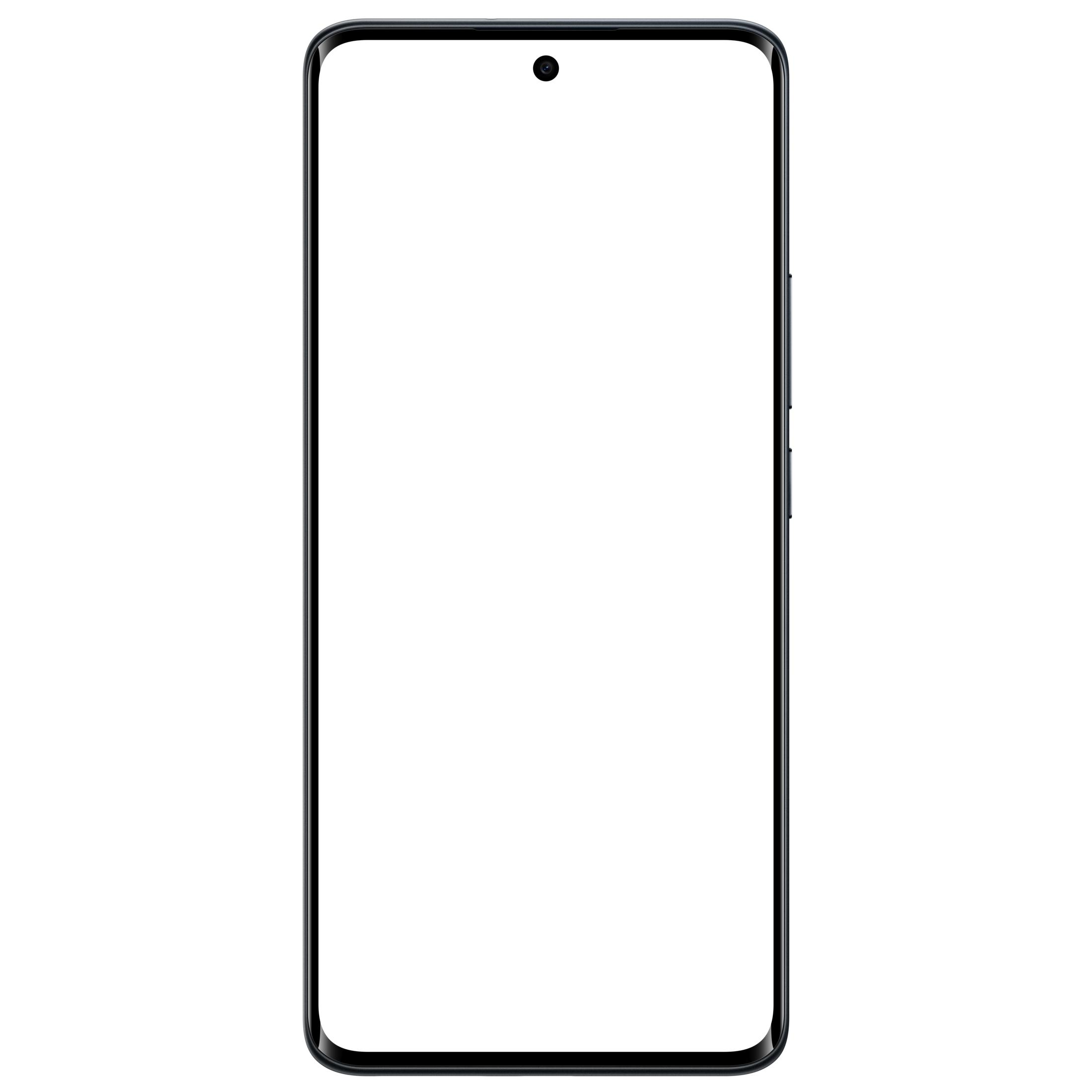 Üstte ön kamerası olan beyaz ekranlı siyah bir akıllı telefon.