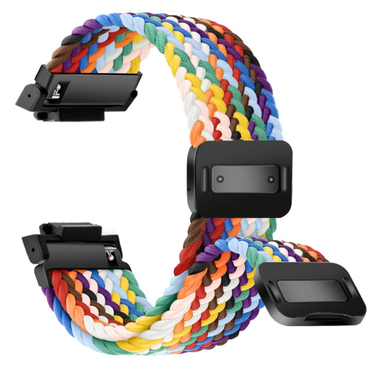 Buntes geflochtenes Uhrenarmband mit schwarzen Schnallen und weißen Akzenten.