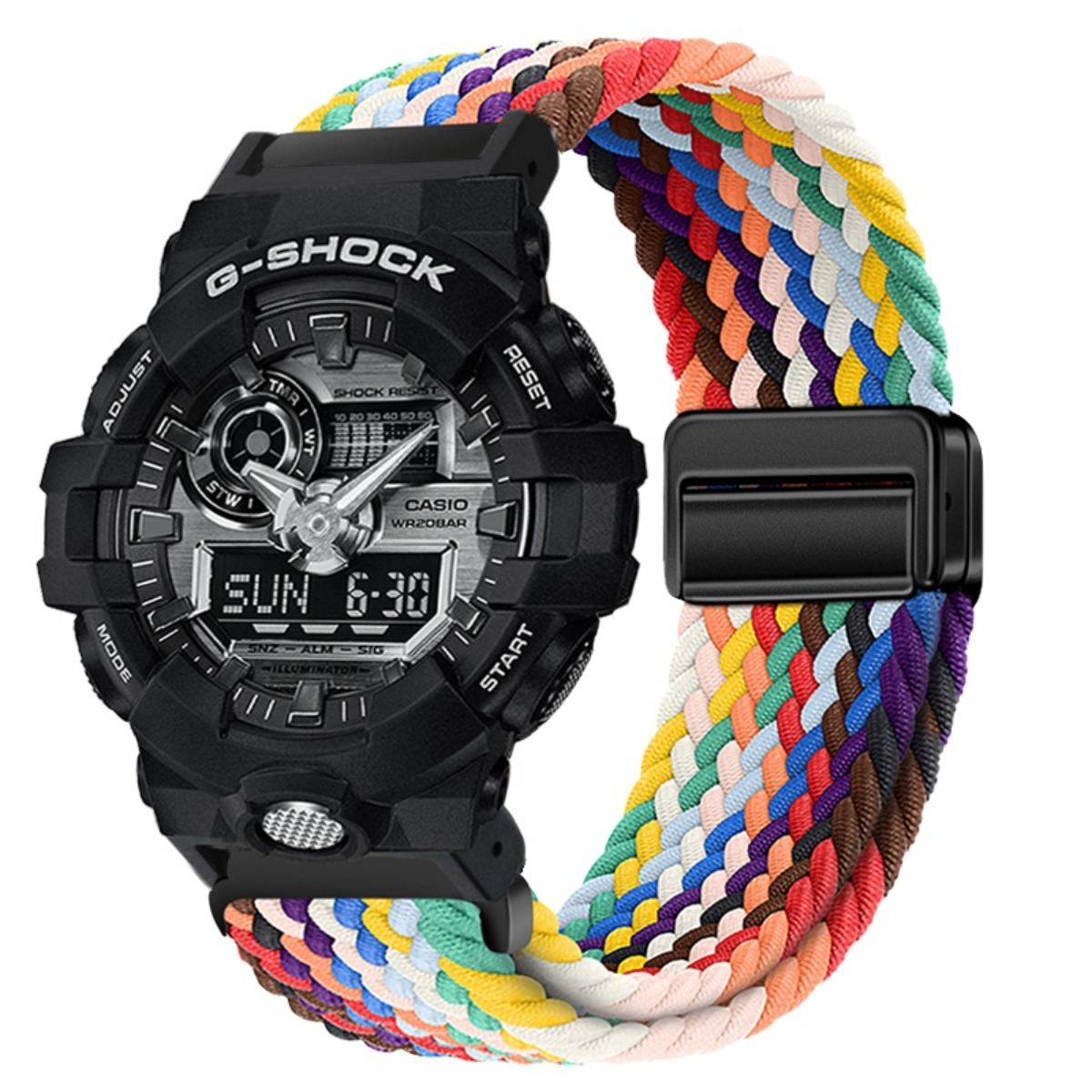 Eine schwarze G-Shock-Uhr mit einem bunten geflochtenen Band. Digitalanzeige zeigt SON 6:30.