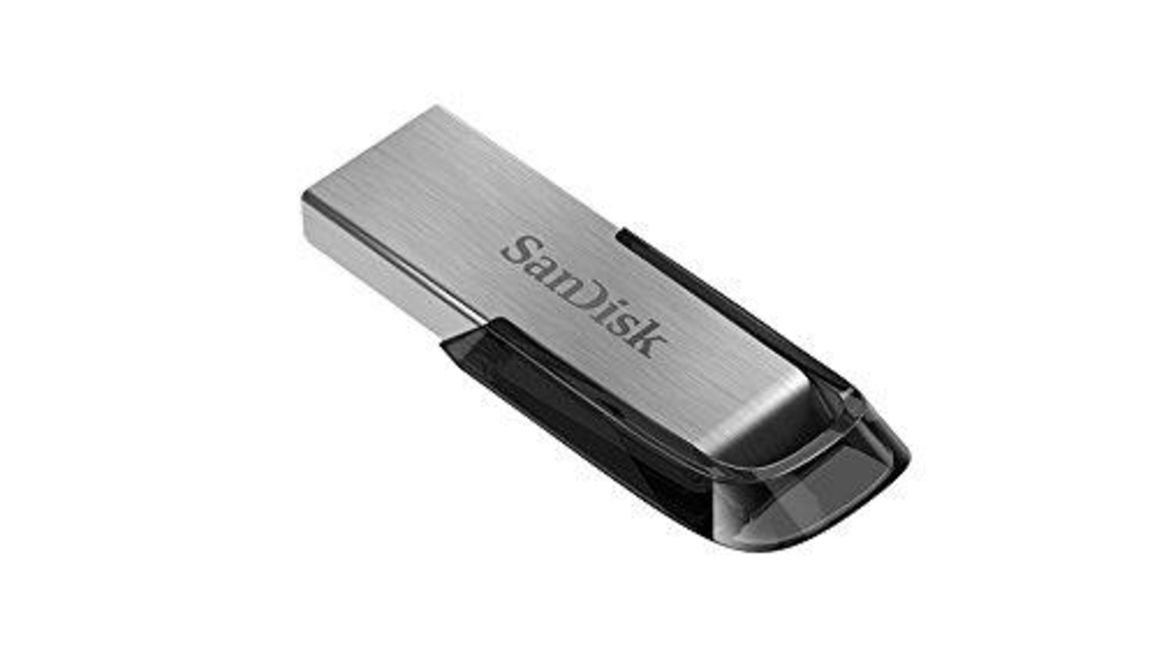 Srebrny pendrive SanDisk z czarnym akcentem.