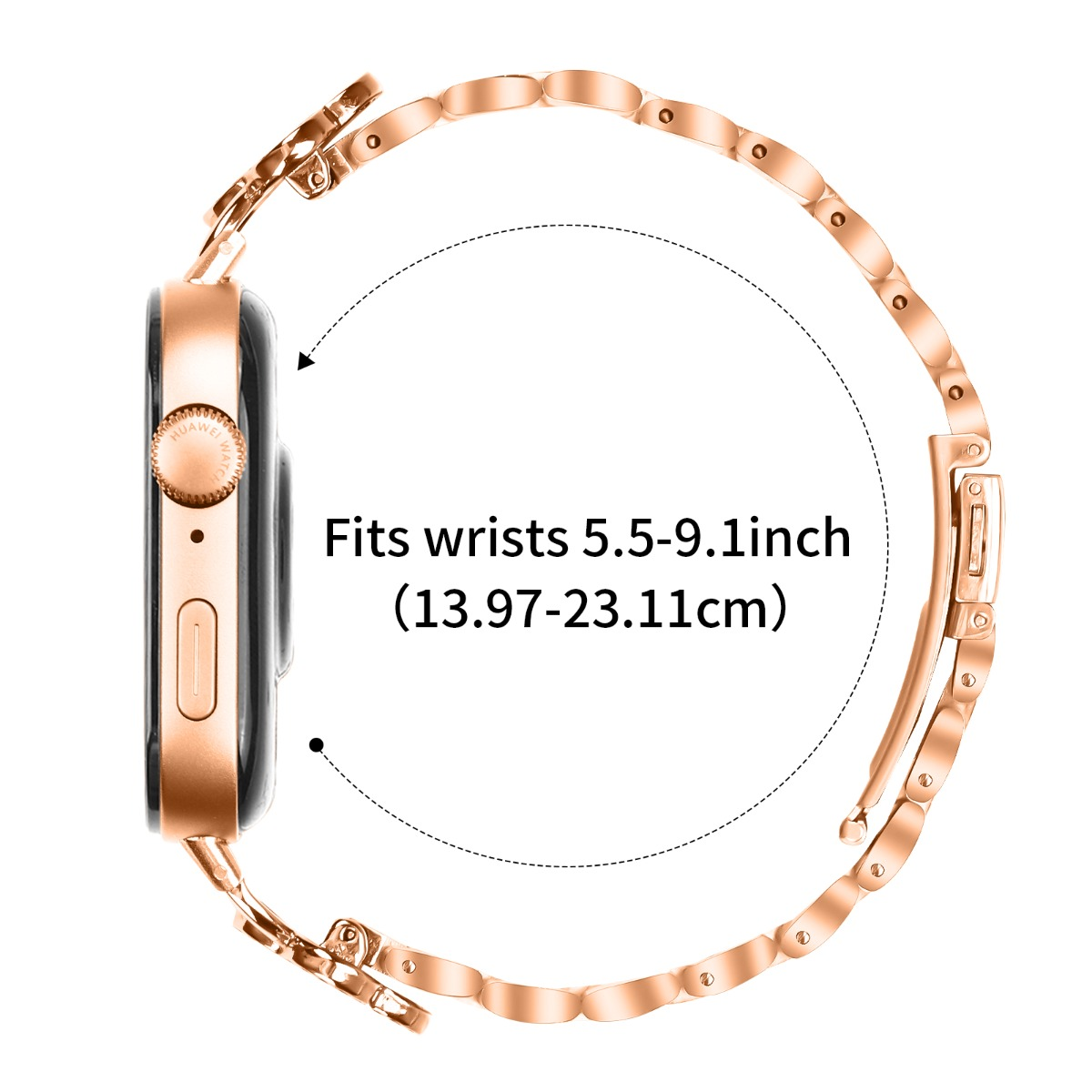 Roségoldene Smartwatch mit Armband, passend für Handgelenke 13,97-23,11 cm.