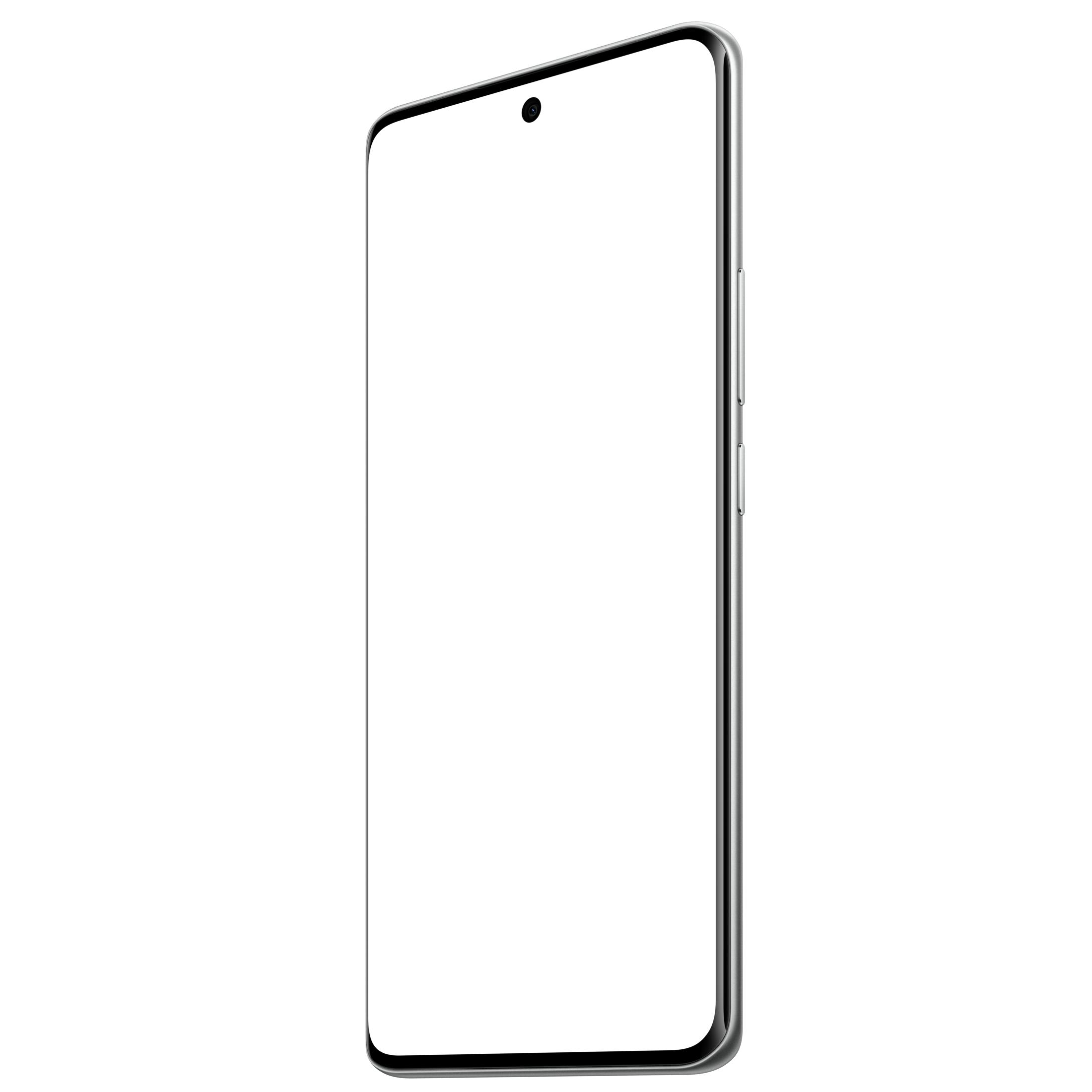 Boş ekranlı gümüş akıllı telefon, yandan görünüm.