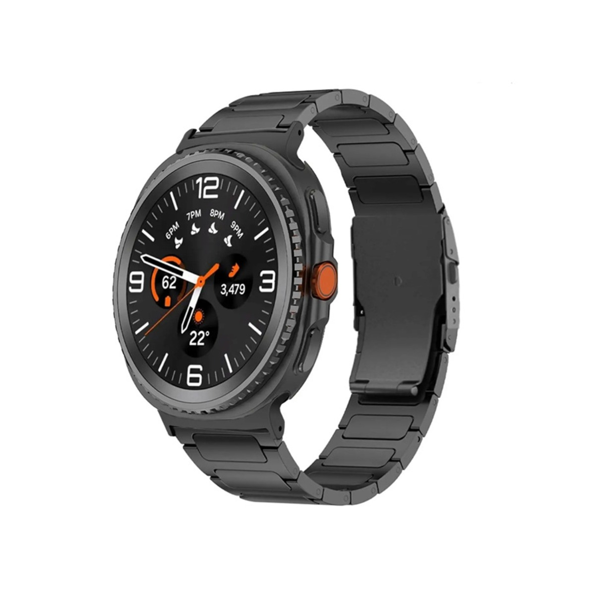 Smartwatch grigio con cinturino in metallo, quadrante nero e corona arancione.