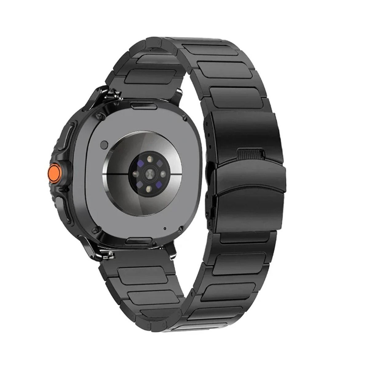 Smartwatch nero con cinturino in metallo, retro con sensori e pulsante arancione.
