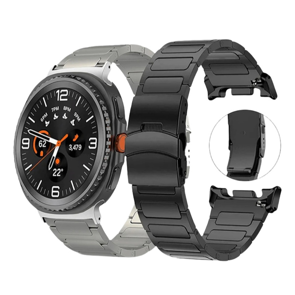 Uno smartwatch con cinturino argento e un cinturino nero di ricambio accanto.