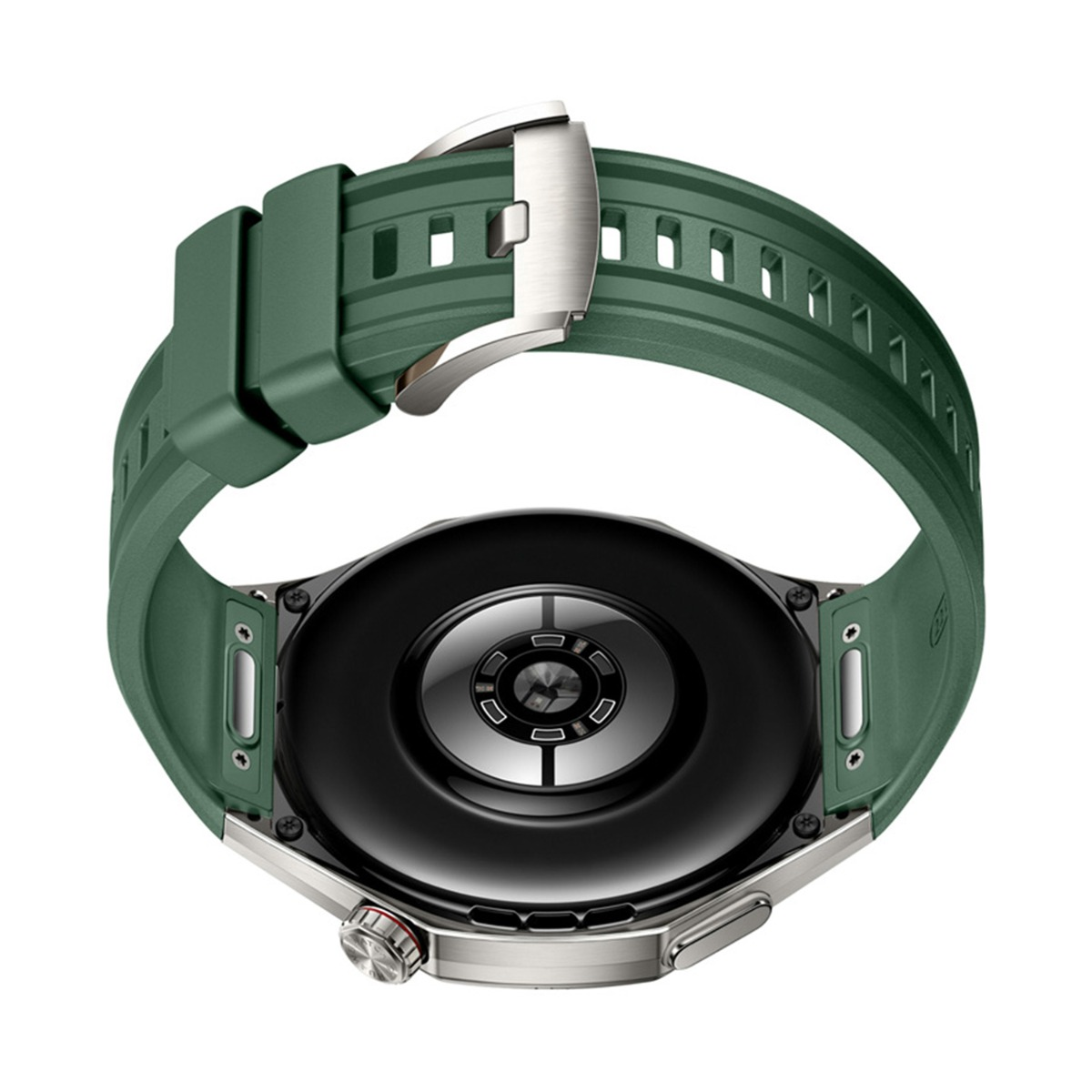 Grüne Smartwatch mit Metallschnalle und schwarzem Rückenteil.