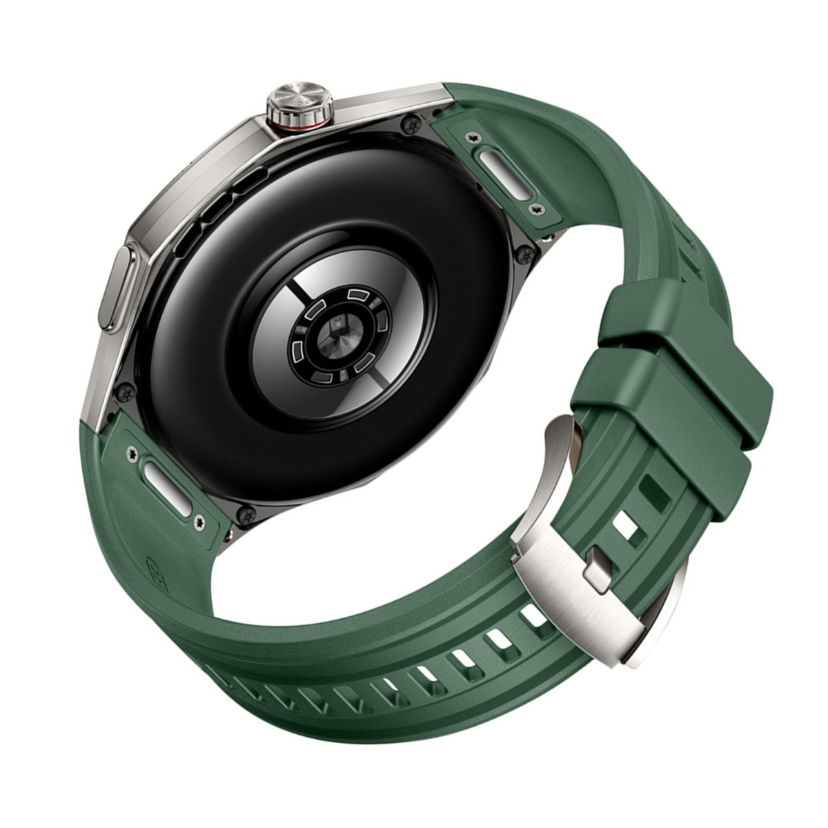 Rückseite einer grünen Smartwatch mit silbernem Gehäuse und Metallschnalle.