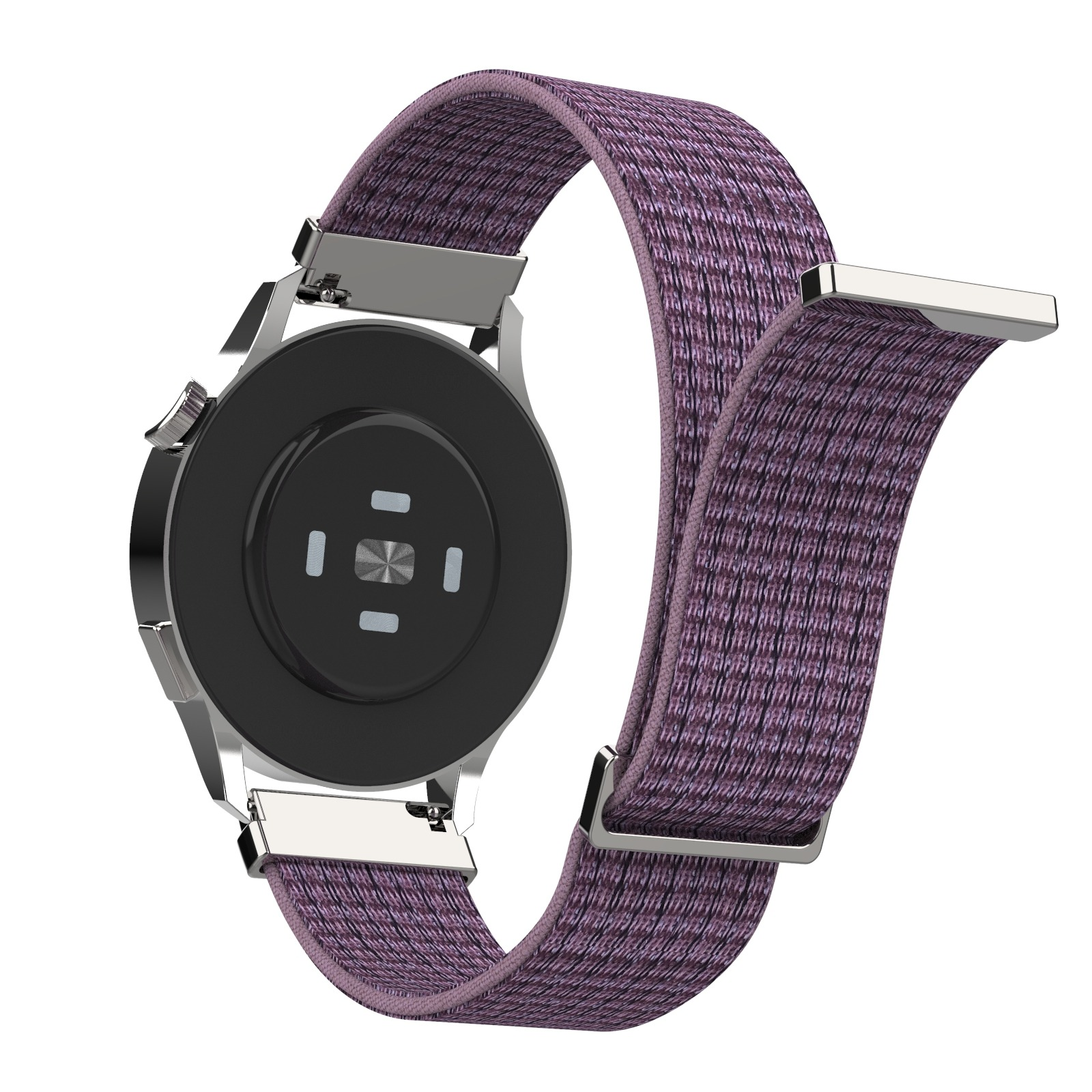 Rückseite einer Smartwatch mit lila Stoffarmband und silbernen Anstößen.