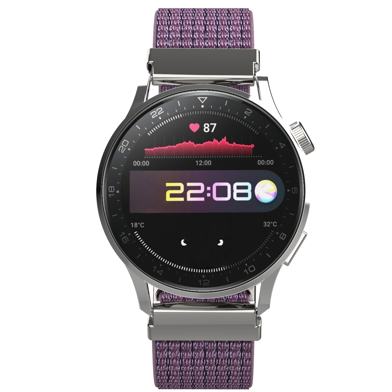 Eine runde Smartwatch mit lila Band, zeigt Herzfrequenz und 22:08 Uhr.