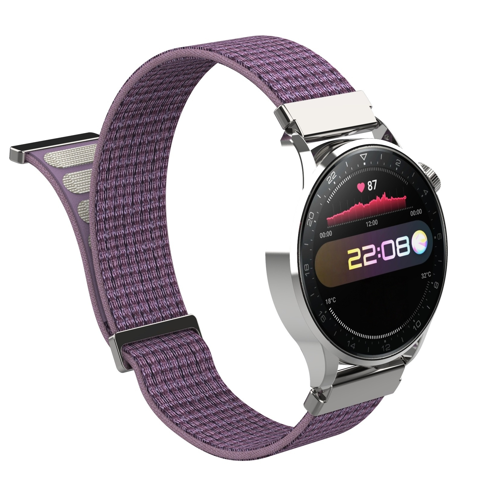 Eine Smartwatch mit lila Band zeigt 22:08 Uhr, Herzfrequenz 87, 18°C.