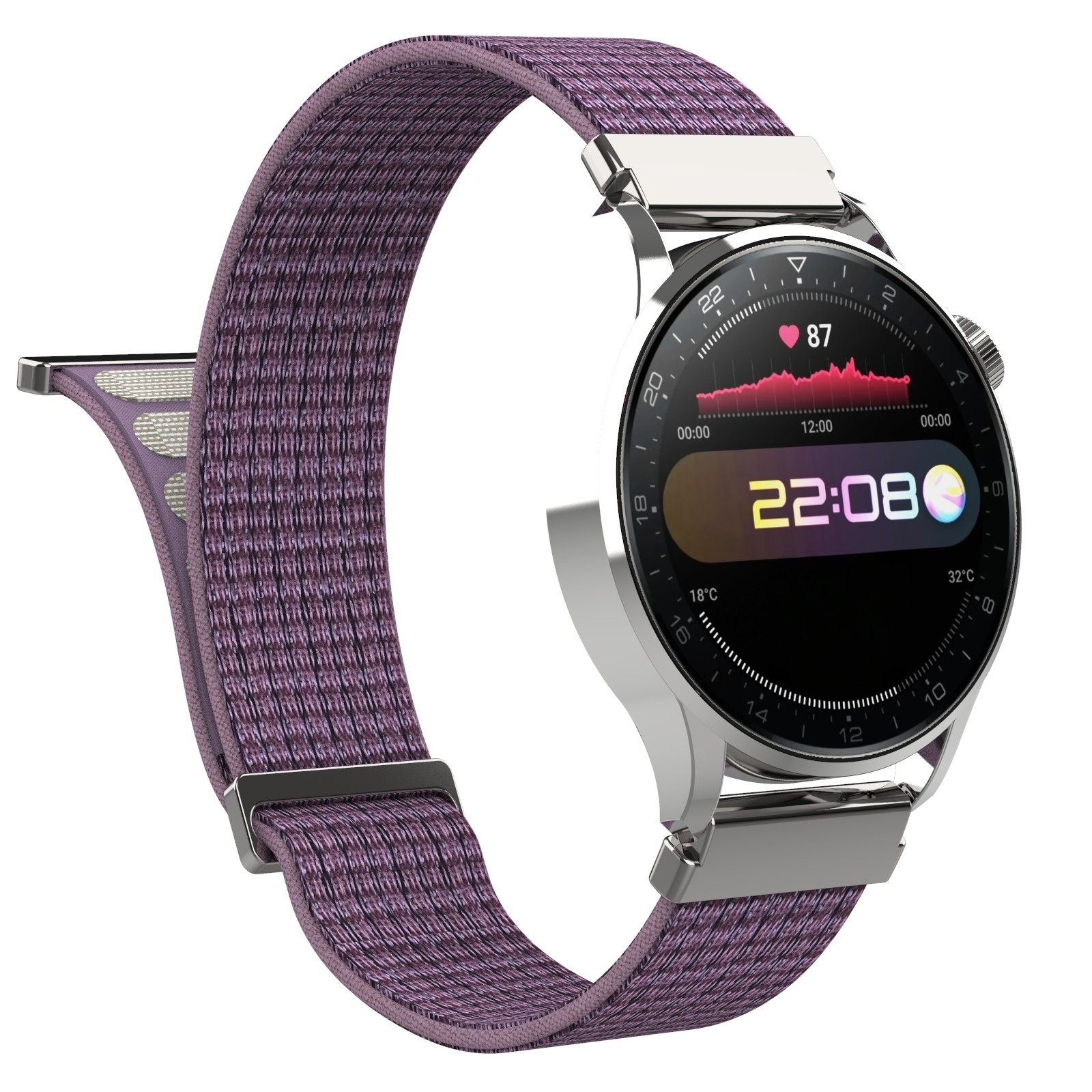 Silberne Smartwatch mit lila Stoffarmband, zeigt 22:08 Uhr und Herzfrequenz.
