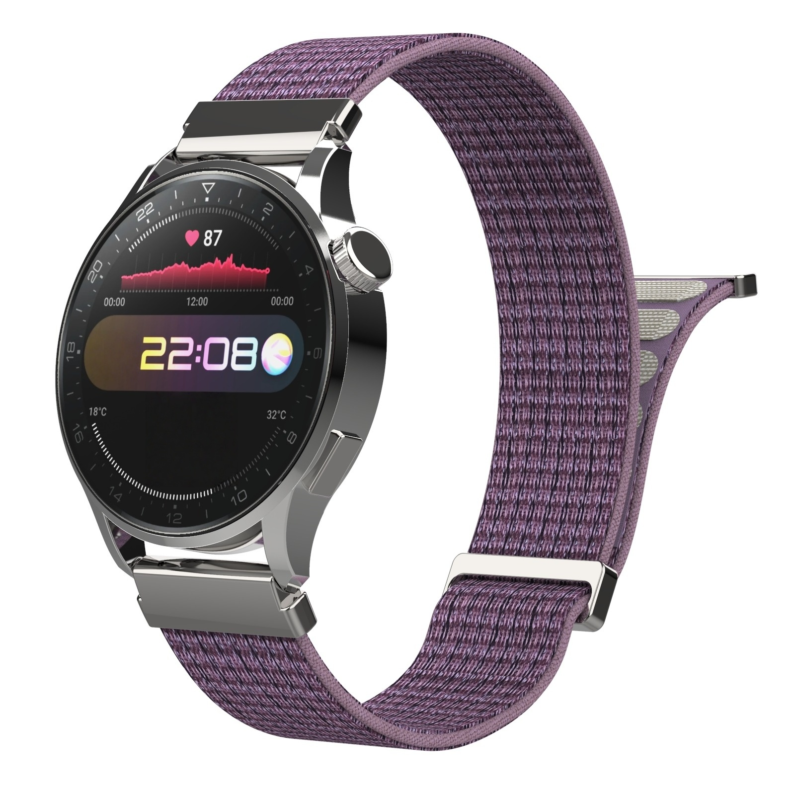 Silberne Smartwatch mit lila Stoffarmband, zeigt 22:08 Uhr und Herzfrequenz an.