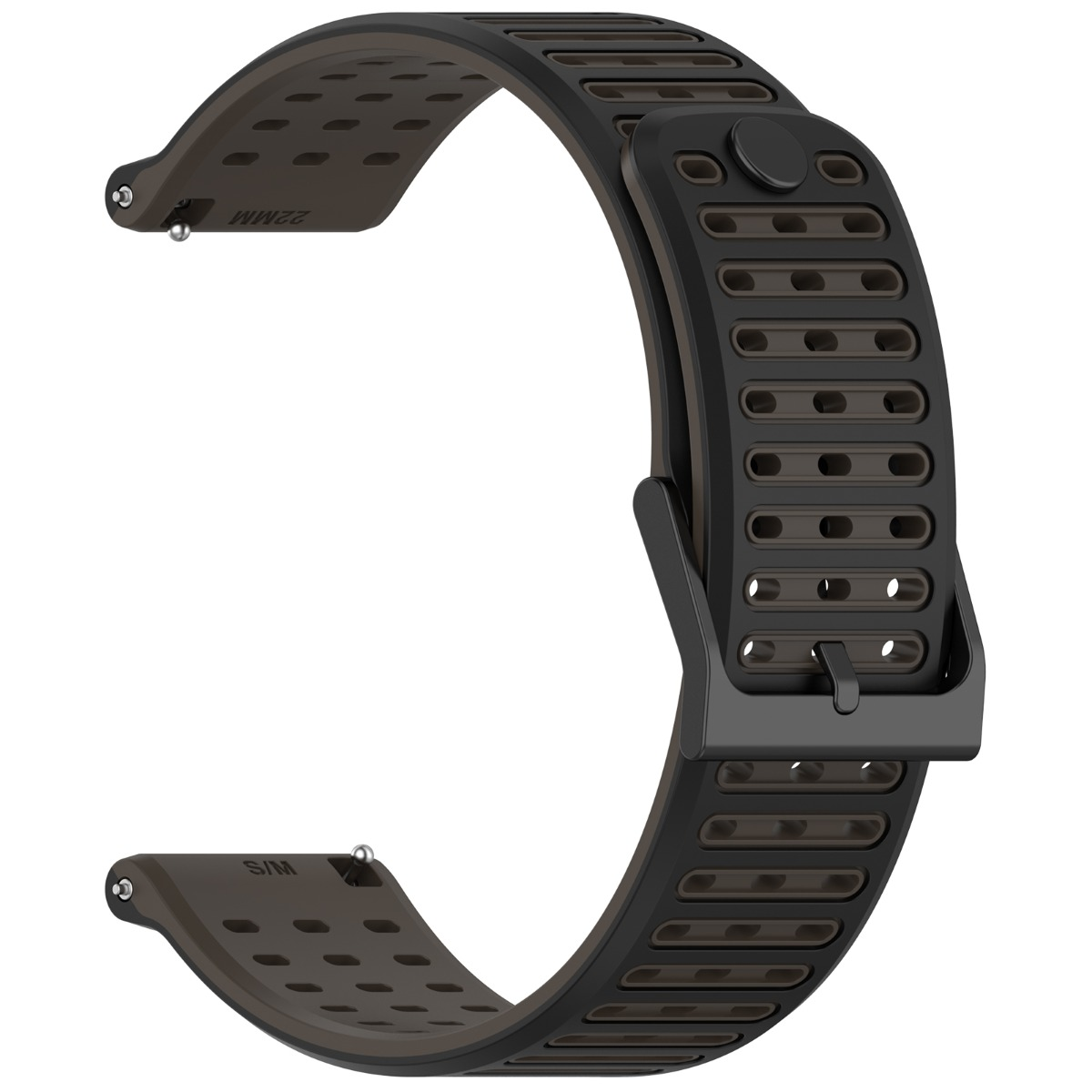 Ein schwarzes und braunes Armband mit Lüftungslöchern und Metallschnalle.