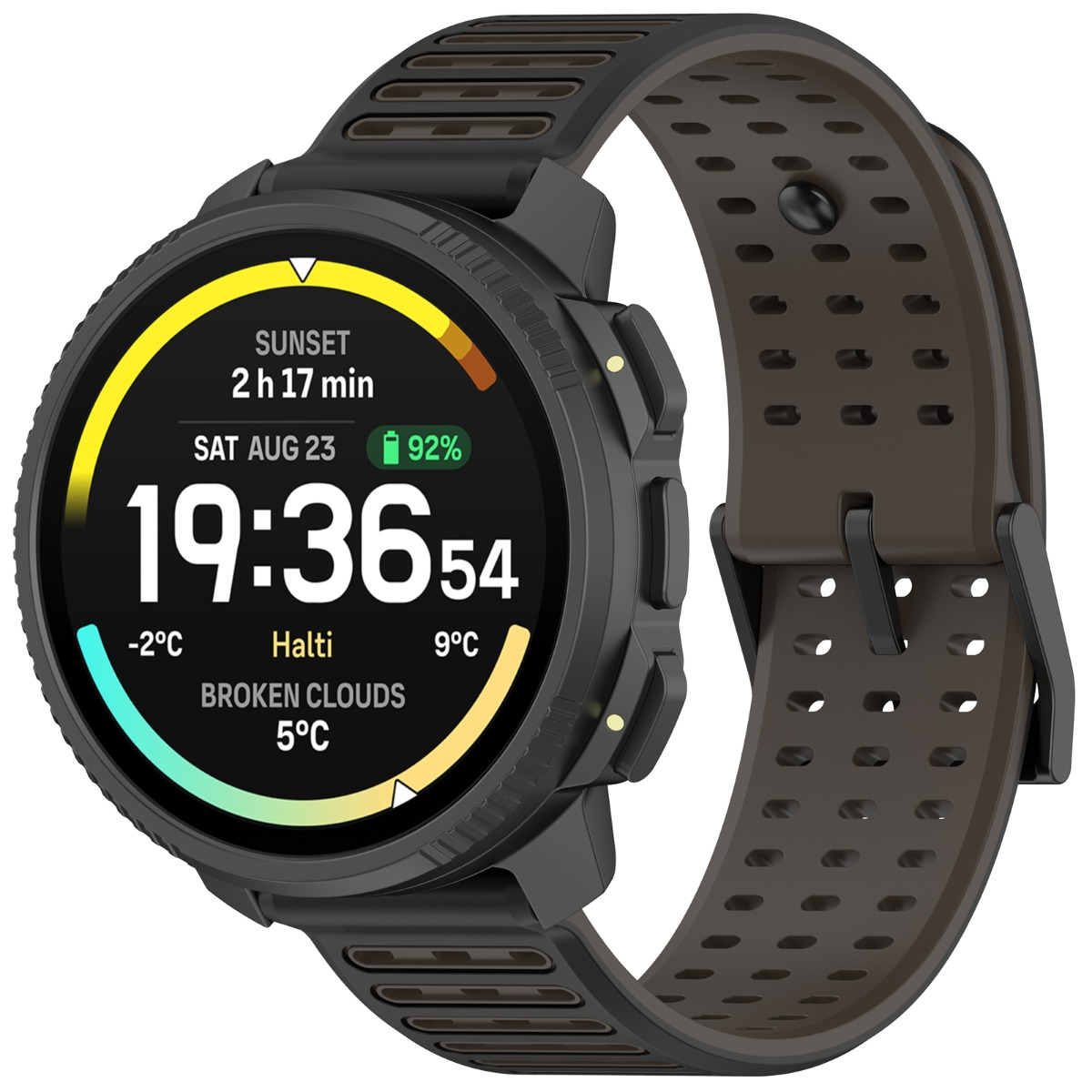Schwarze Smartwatch mit braunem Armband, zeigt Zeit, Datum, Akku & Wetter.