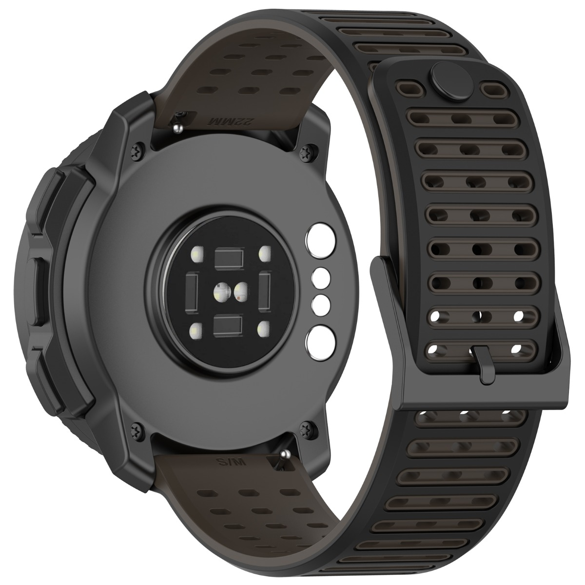 Rückseite einer schwarzen Smartwatch mit Herzfrequenzsensor und braunem Armband.
