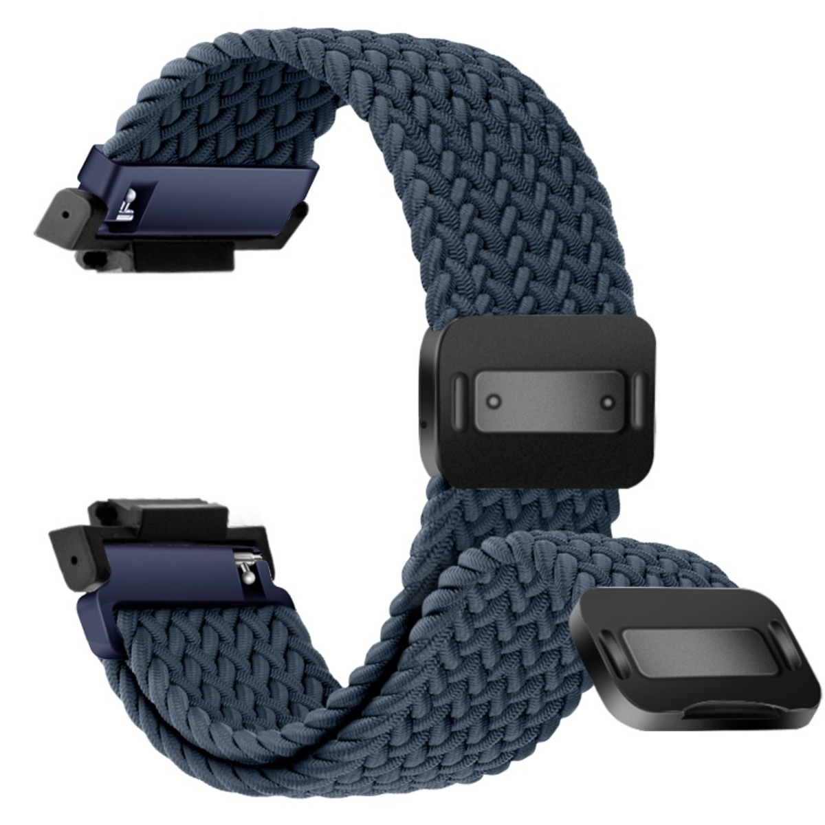 Ein dunkelblaues, geflochtenes Uhrenarmband mit schwarzen Anschlüssen.