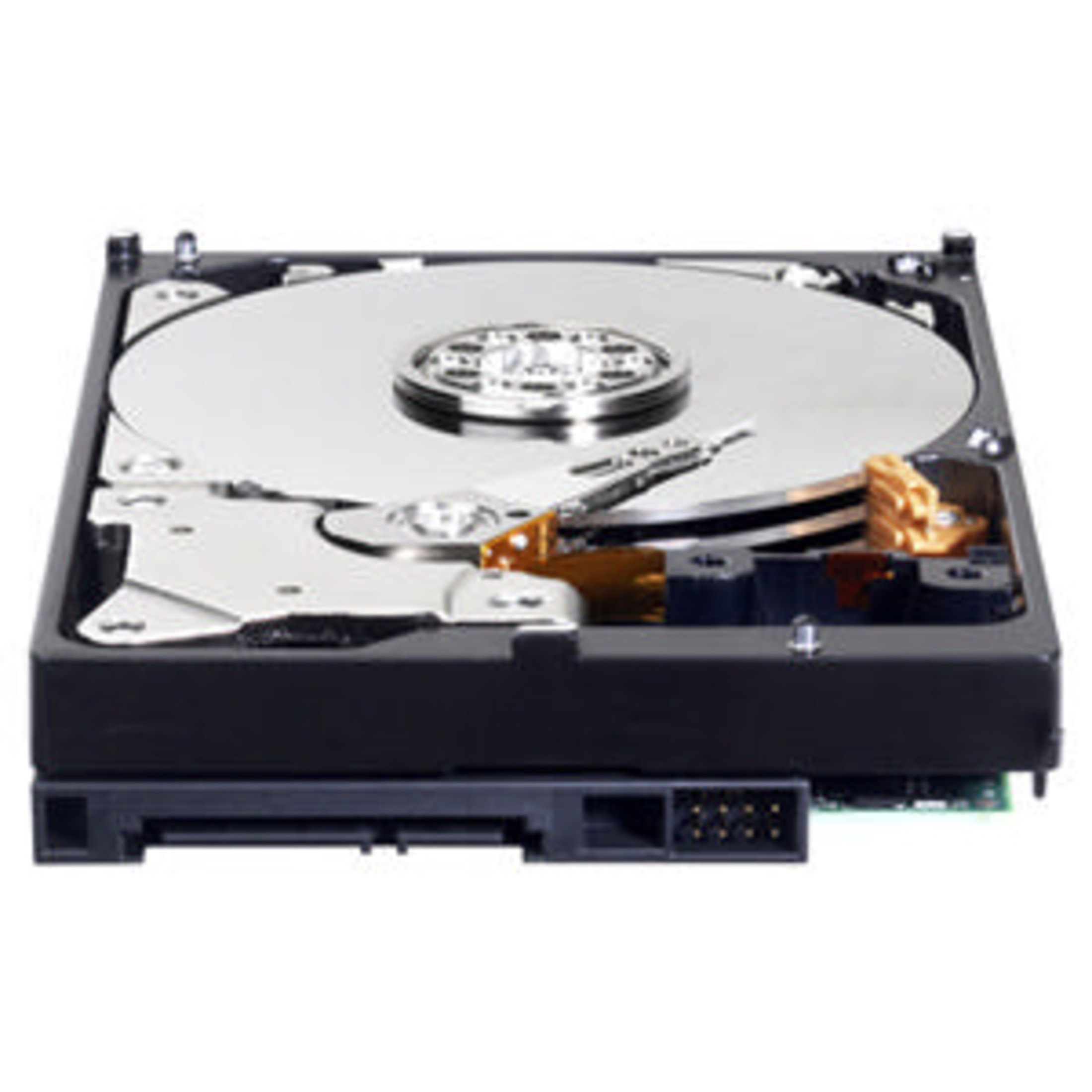 Un hard disk aperto che mostra piatti argentati e testine di lettura/scrittura.