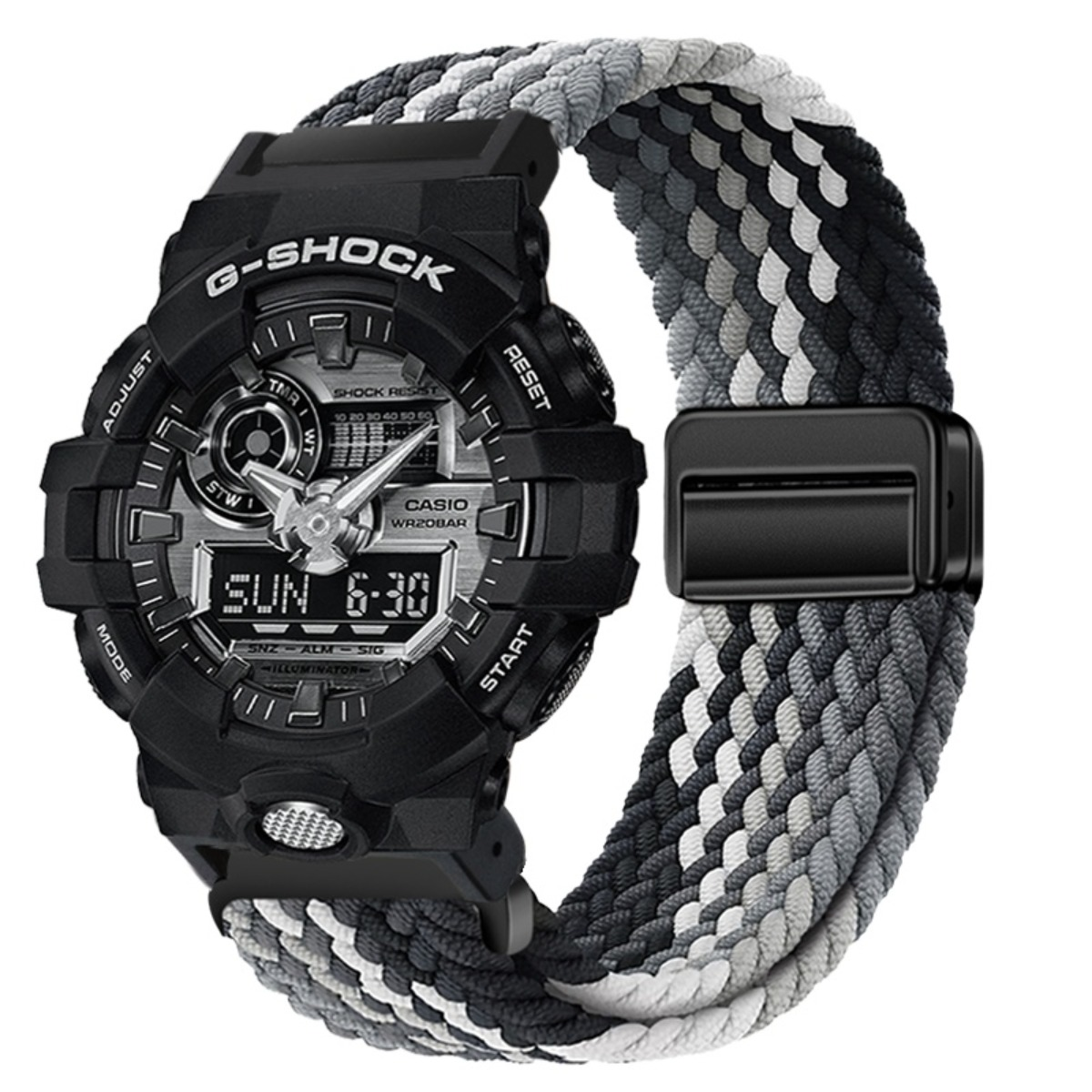 Schwarze G-Shock Uhr mit grauem, weißem und schwarzem Band.