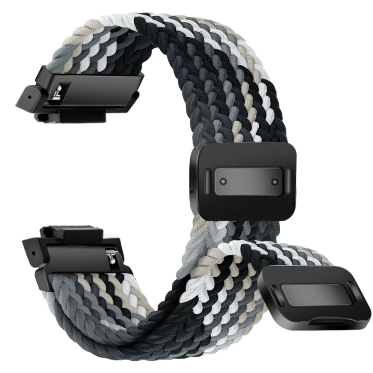 Geflochtenes Armband in Grau-, Schwarz- und Weißtönen mit schwarzen Schnallen.