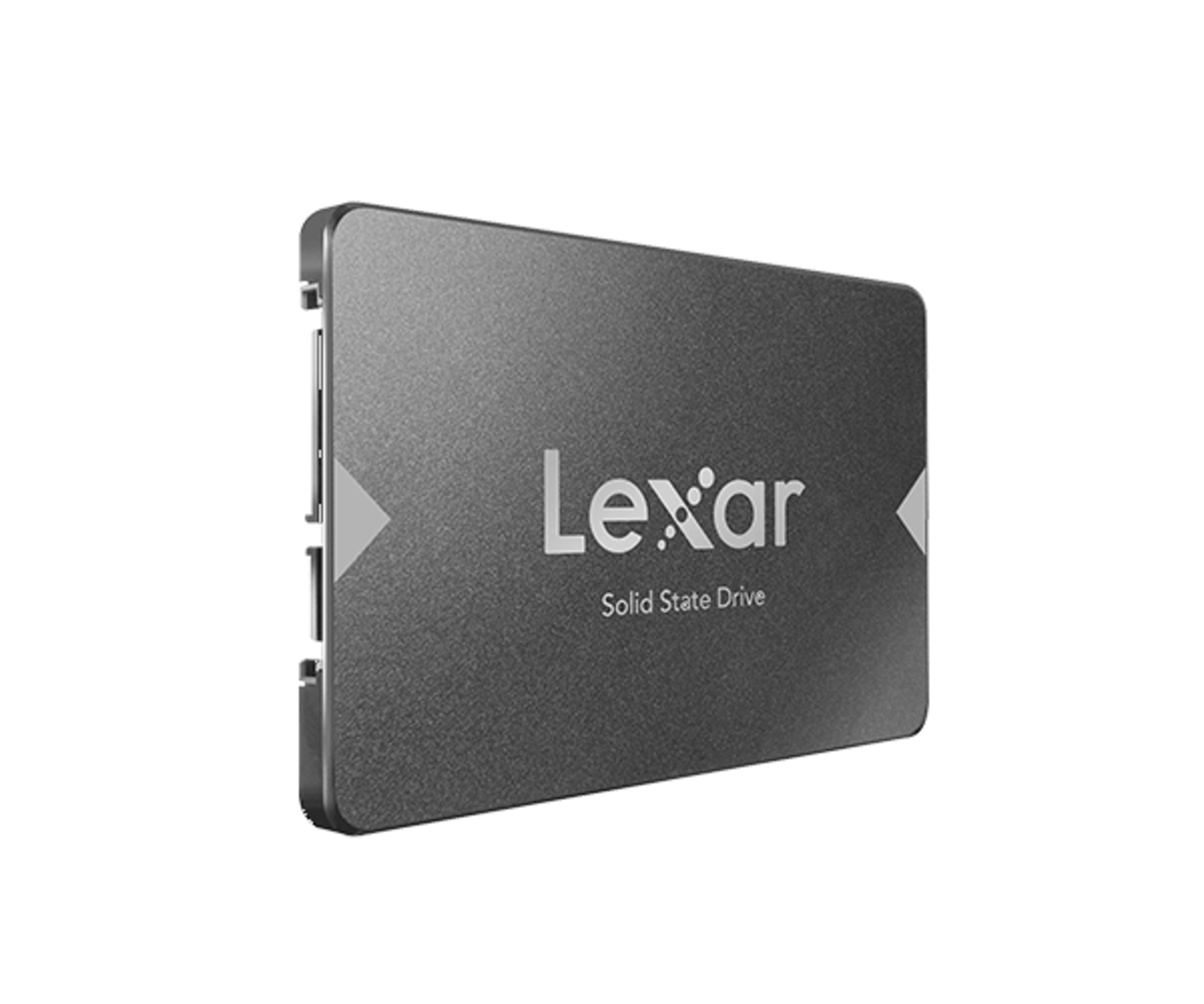Lexar Solid State Drive. Graues Metallgehäuse mit Pfeilsymbolen.