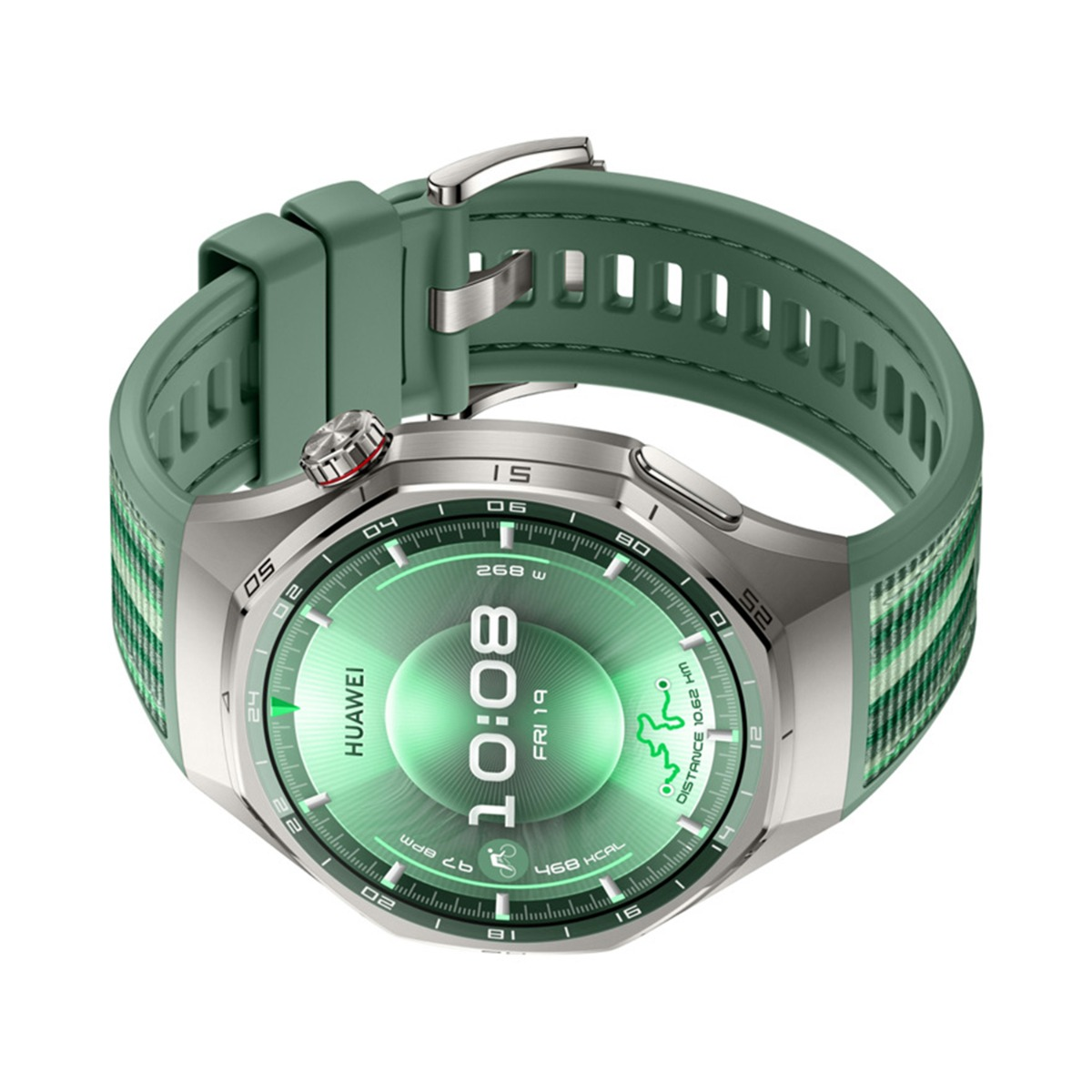 Eine grüne Smartwatch mit silbernem Gehäuse und einem Armband mit Karomuster.