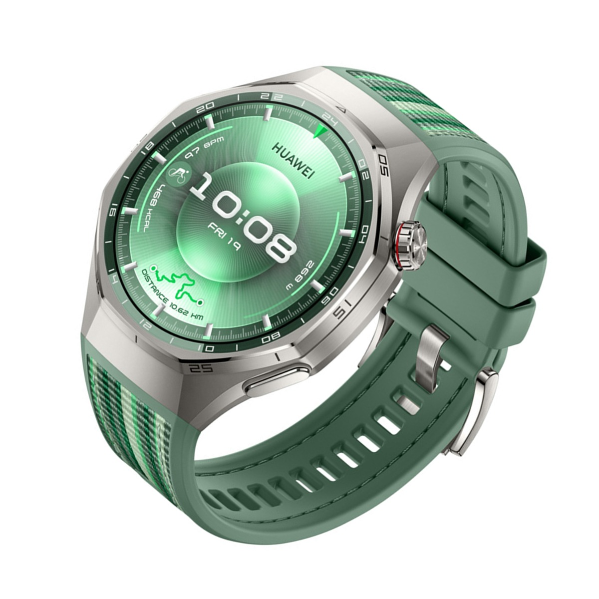 Eine grüne Smartwatch mit silbernem Gehäuse und kariertem Armband zeigt 10:08 Uhr.