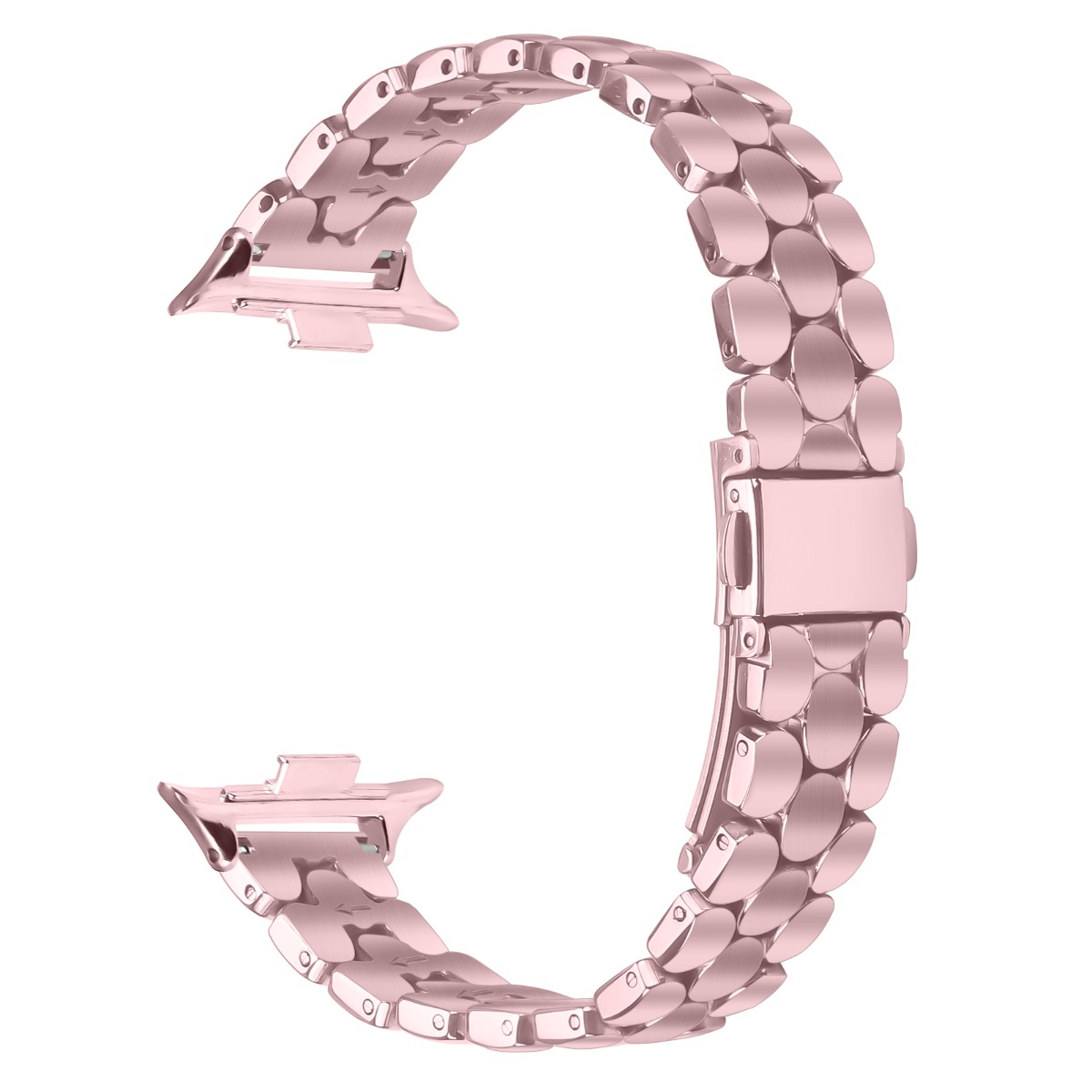 Un cinturino per orologio in metallo color oro rosa con maglie ovali.