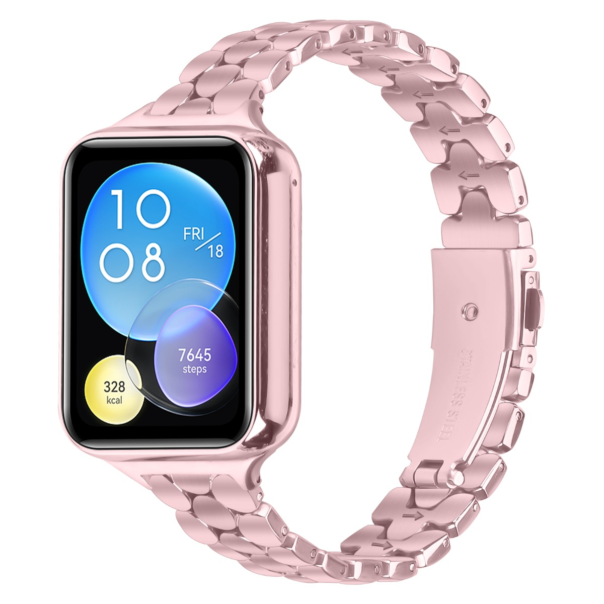 Uno smartwatch color oro rosa con cinturino in metallo. Il display mostra 10:08, venerdì 18, 328 kcal, 7645 passi.
