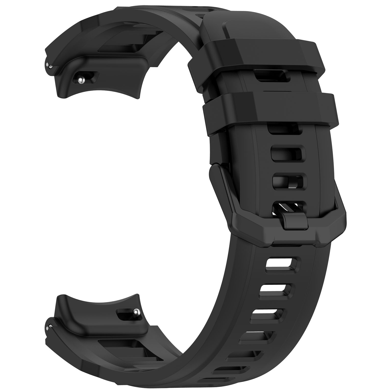 Schwarzes Uhrenarmband mit Schnalle und Lochmuster auf weißem Hintergrund.