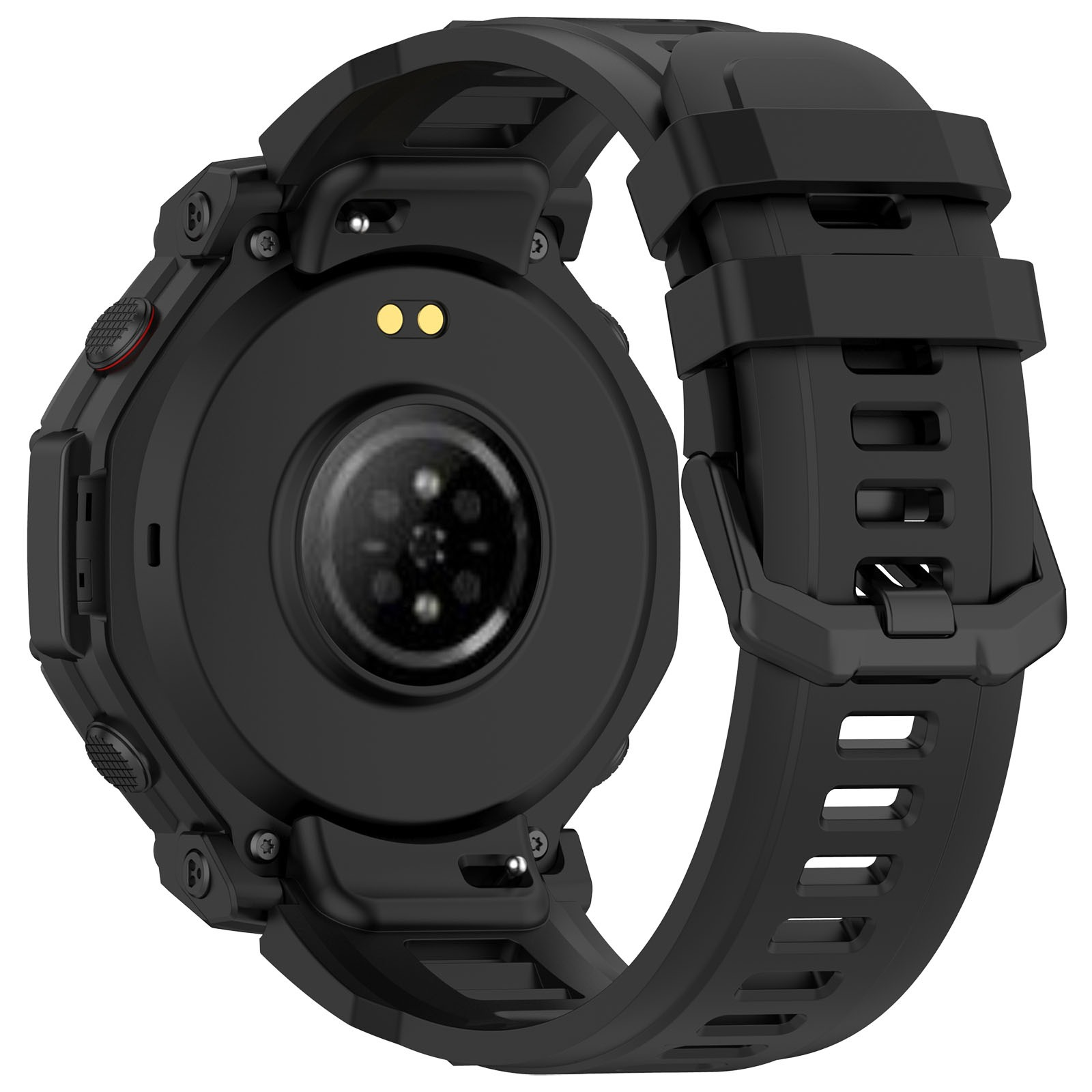 Rückseite einer schwarzen Smartwatch mit Herzfrequenzsensor und Ladekontakten.