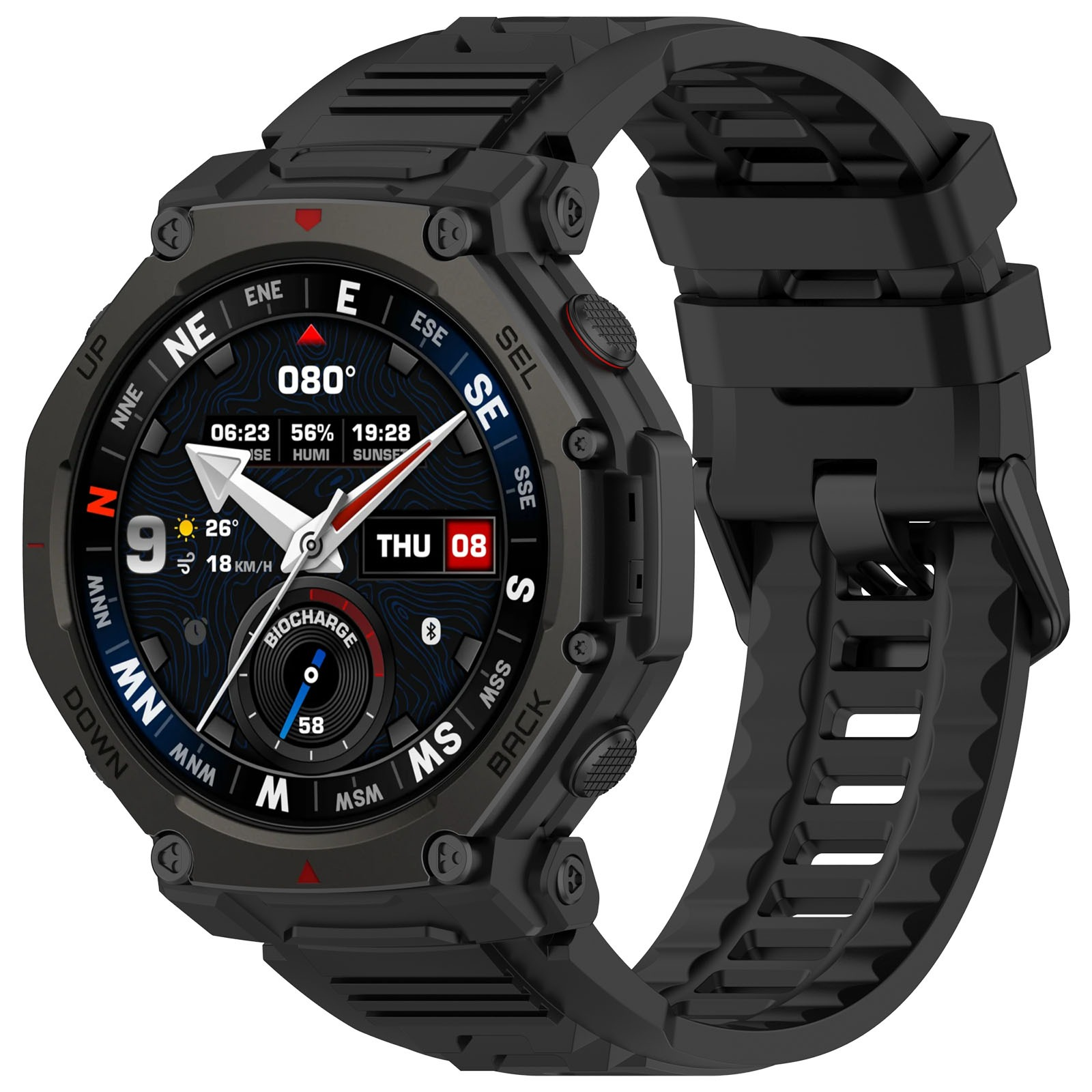 Schwarze Smartwatch mit Kompassanzeige, Wetterdaten und Uhrzeit.