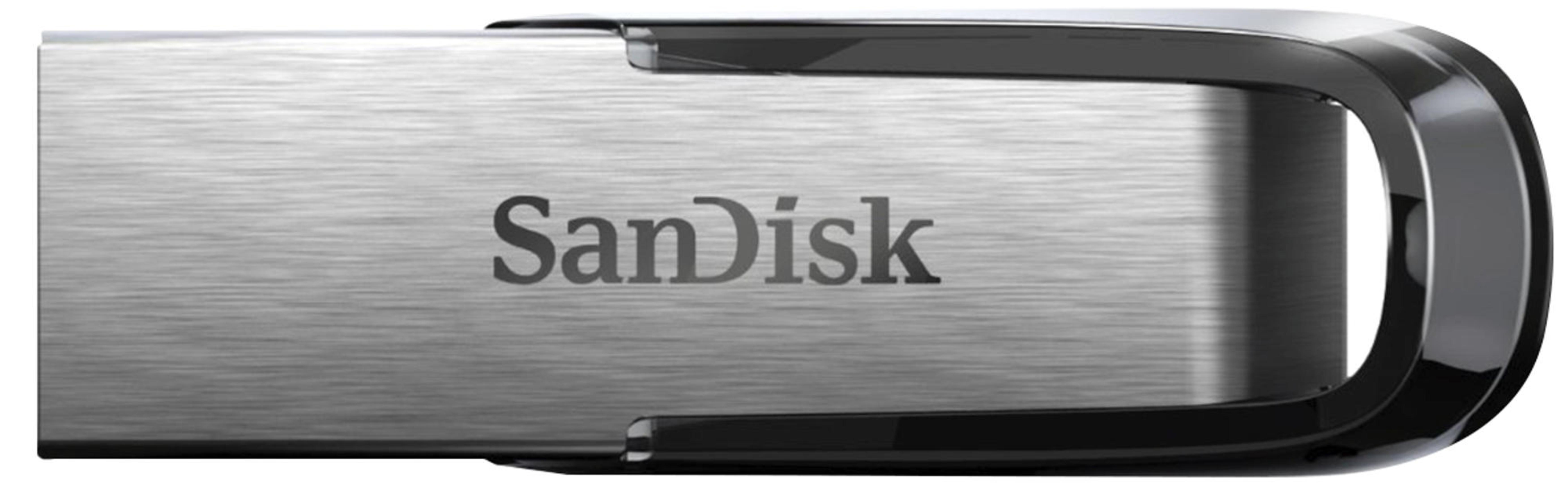 Memoria USB plateada con cuerpo de metal cepillado y marco negro, logo SanDisk.