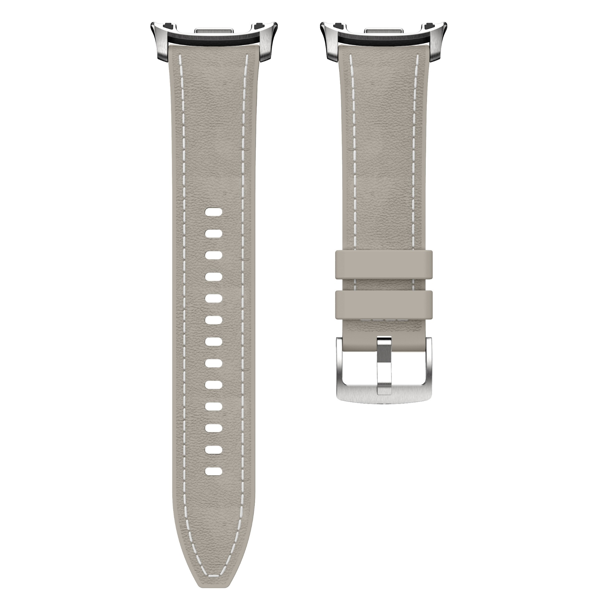 Graues Lederarmband mit weißer Naht und Metallschnalle für eine Uhr.