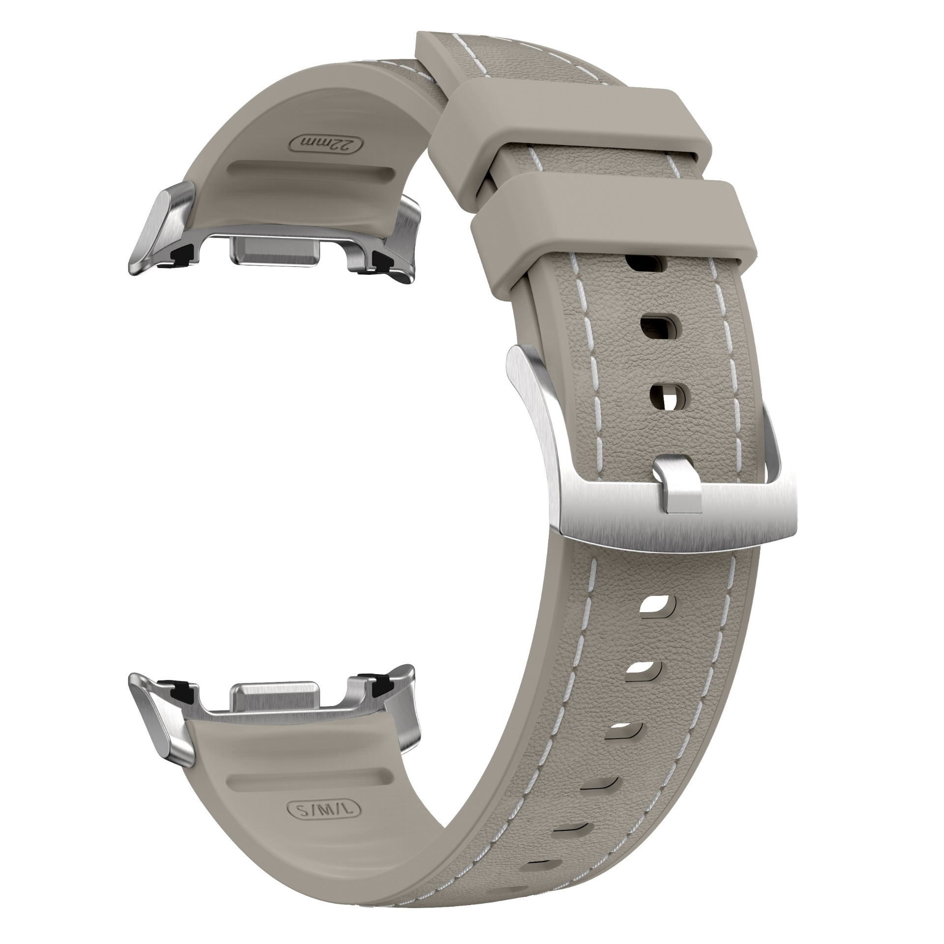 Ein graues Lederarmband mit weißen Nähten und Metallschnalle.