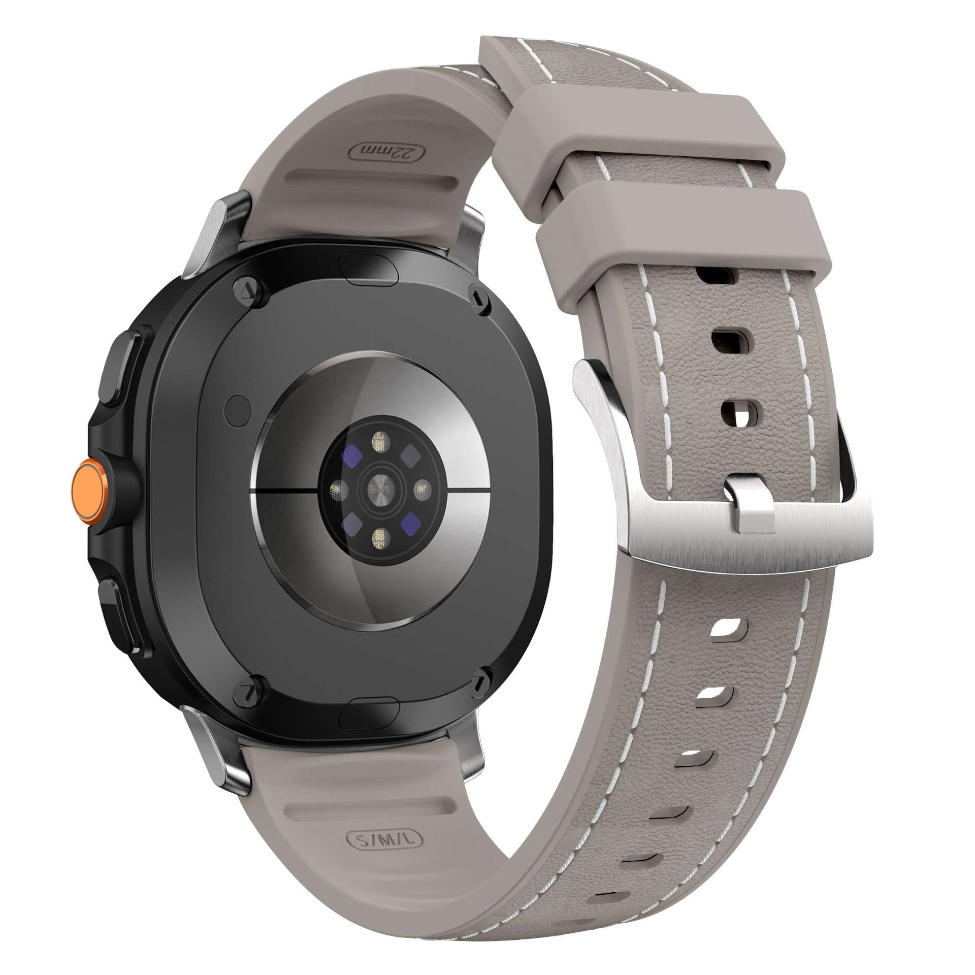 Rückseite einer grauen Smartwatch mit Herzfrequenzsensor und einem beigefarbenen Lederarmband.